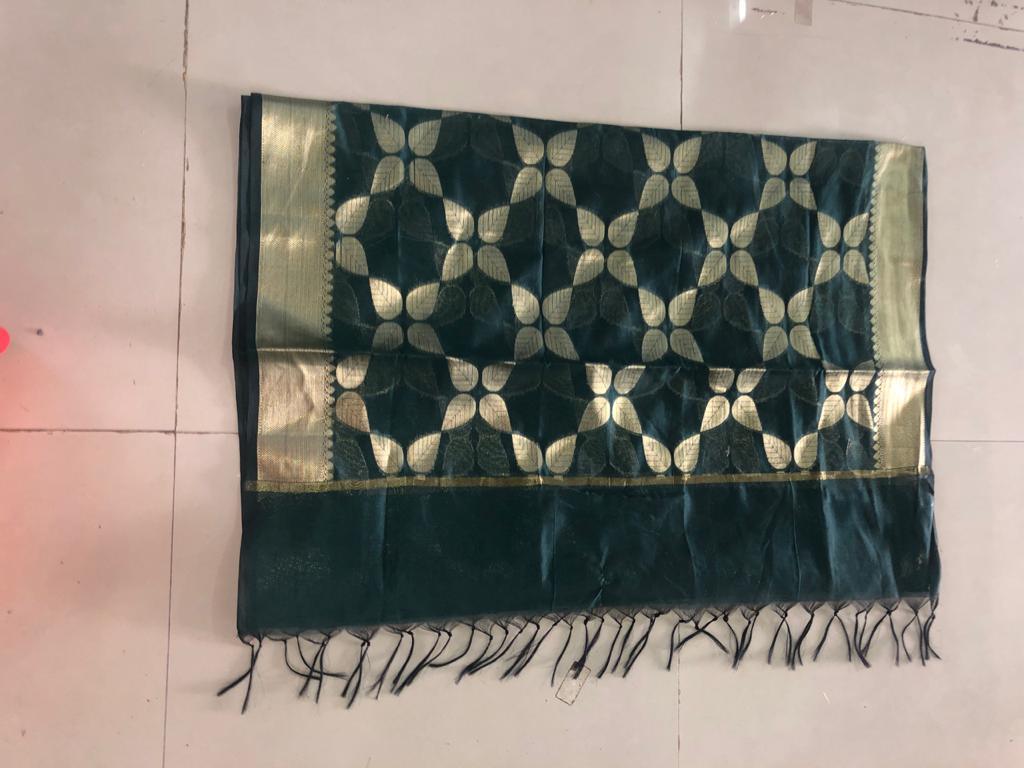 Dark Green Woven Banarasi Silk Dupatta - Peachmode