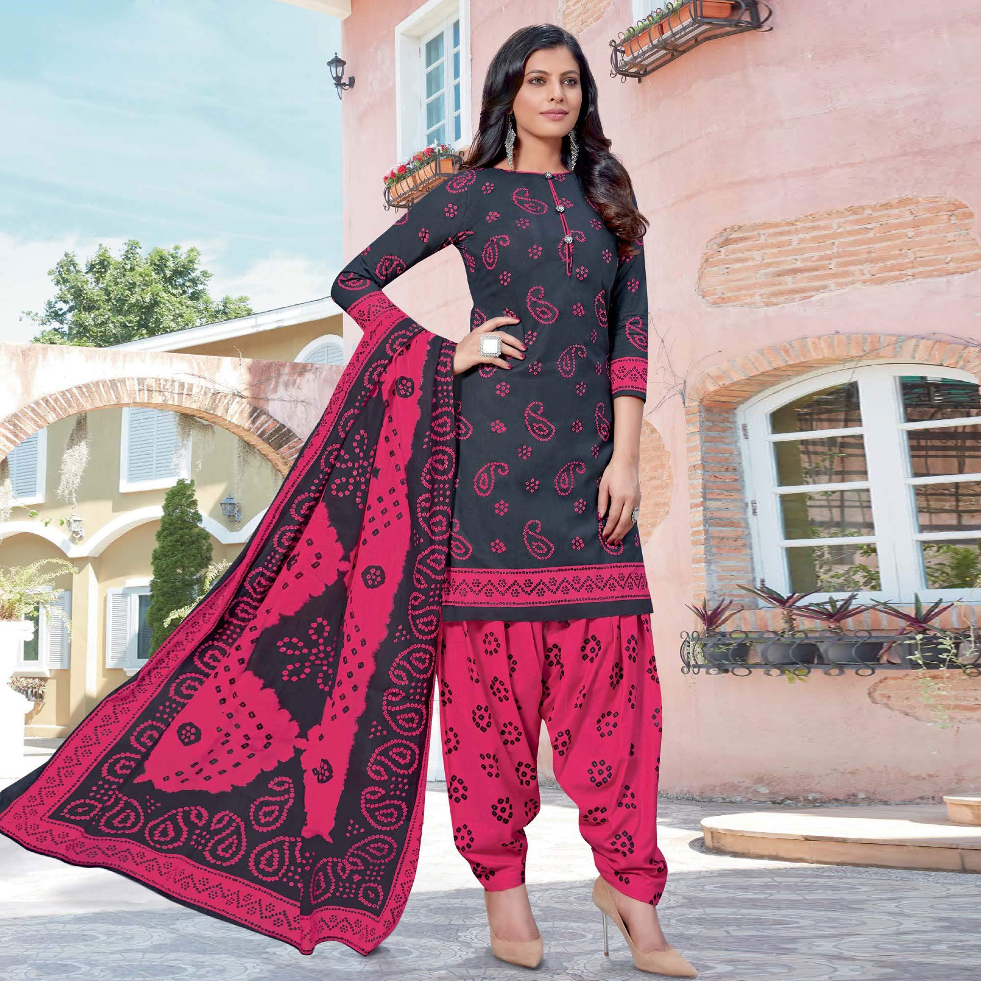 Dark Grey Casual Wear Bandhani Printed Cotton Dress Material Dark Grey Casual Wear Bandhani Printed Cotton Dress Material