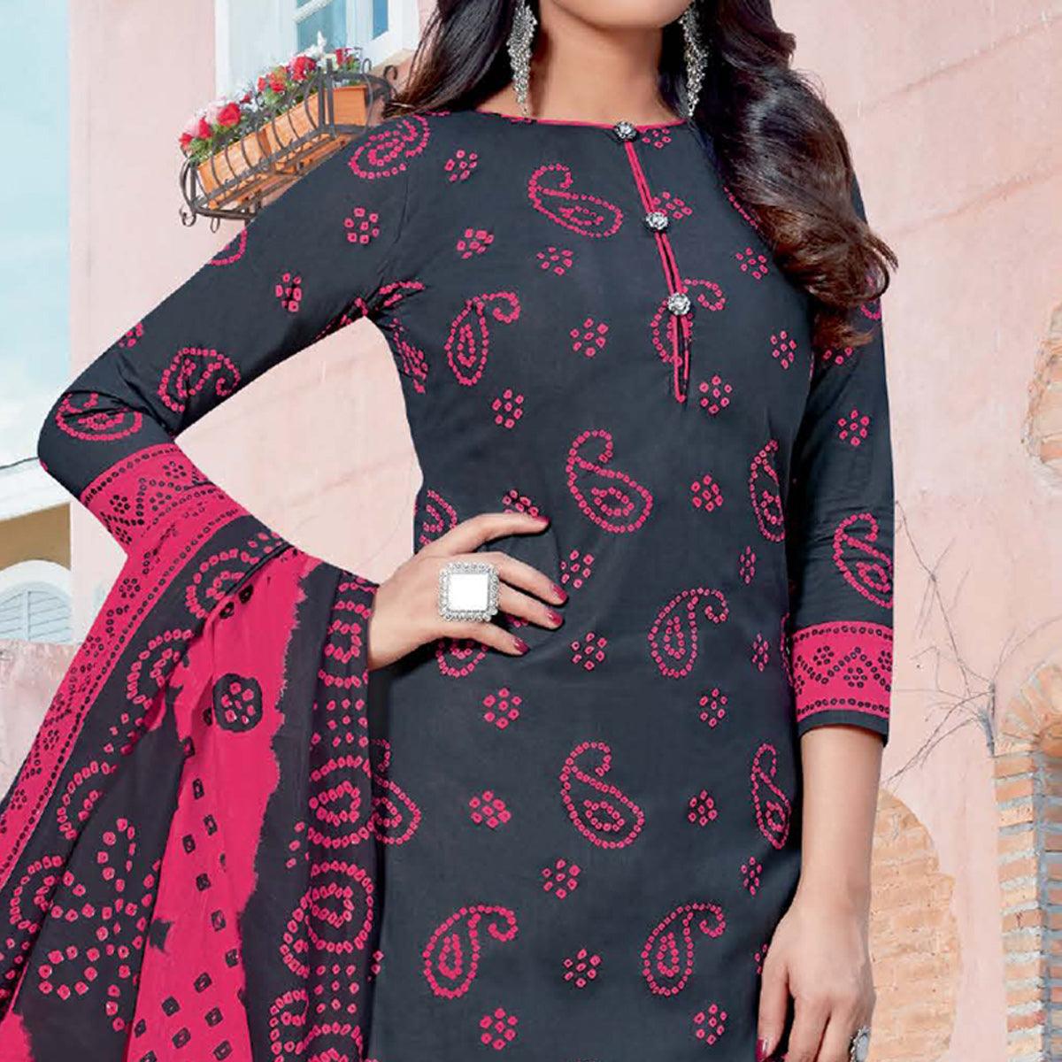 Dark Grey Casual Wear Bandhani Printed Cotton Dress Material - Peachmode