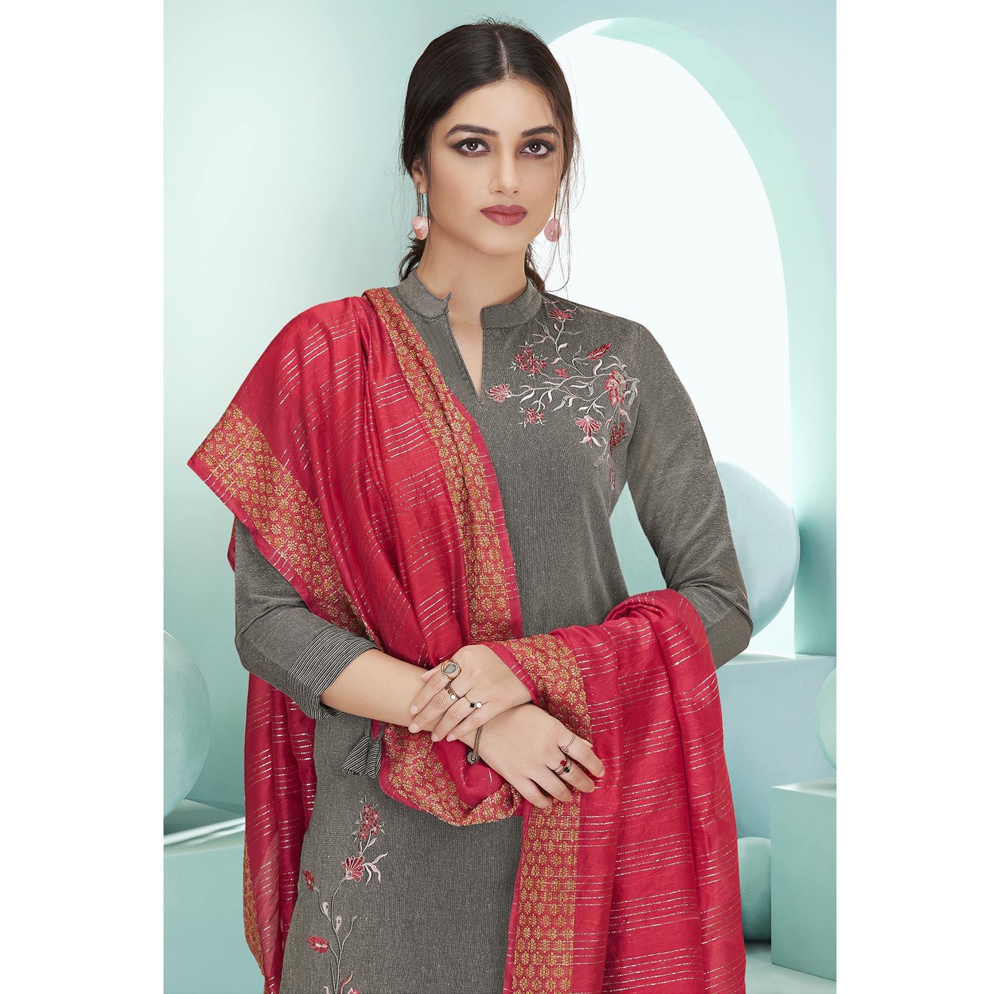 Dark Grey Casual Wear Embroidered Cotton Suit - Peachmode