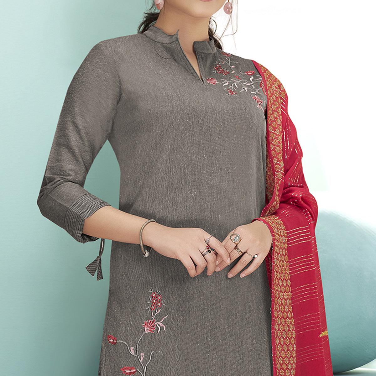 Dark Grey Casual Wear Embroidered Cotton Suit - Peachmode
