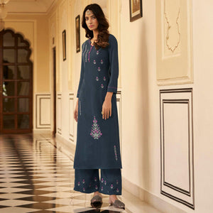 Dark Grey Casual Wear Embroidered Heavy Rayon Kurti - Palazzo Set - Peachmode