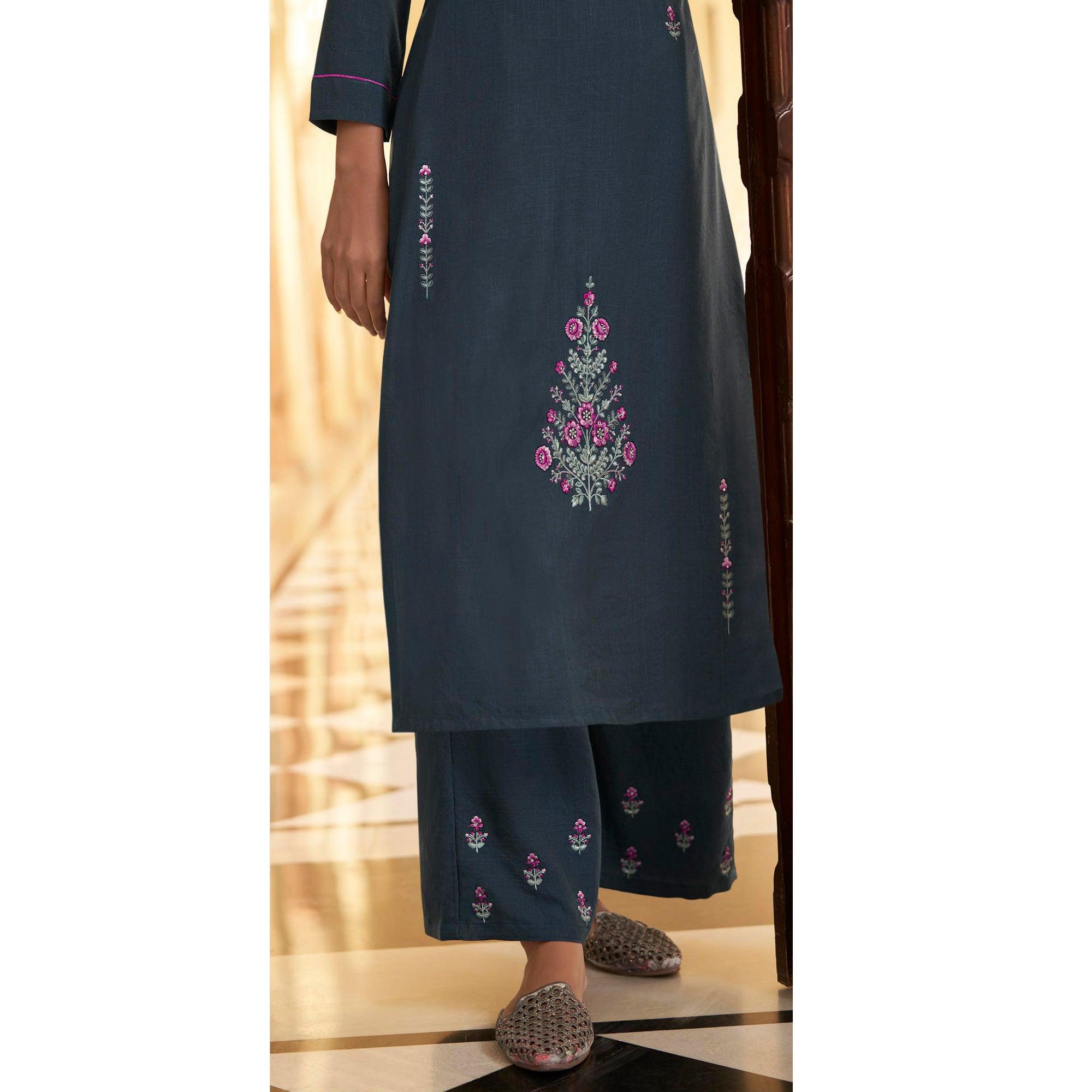 Dark Grey Casual Wear Embroidered Heavy Rayon Kurti - Palazzo Set - Peachmode