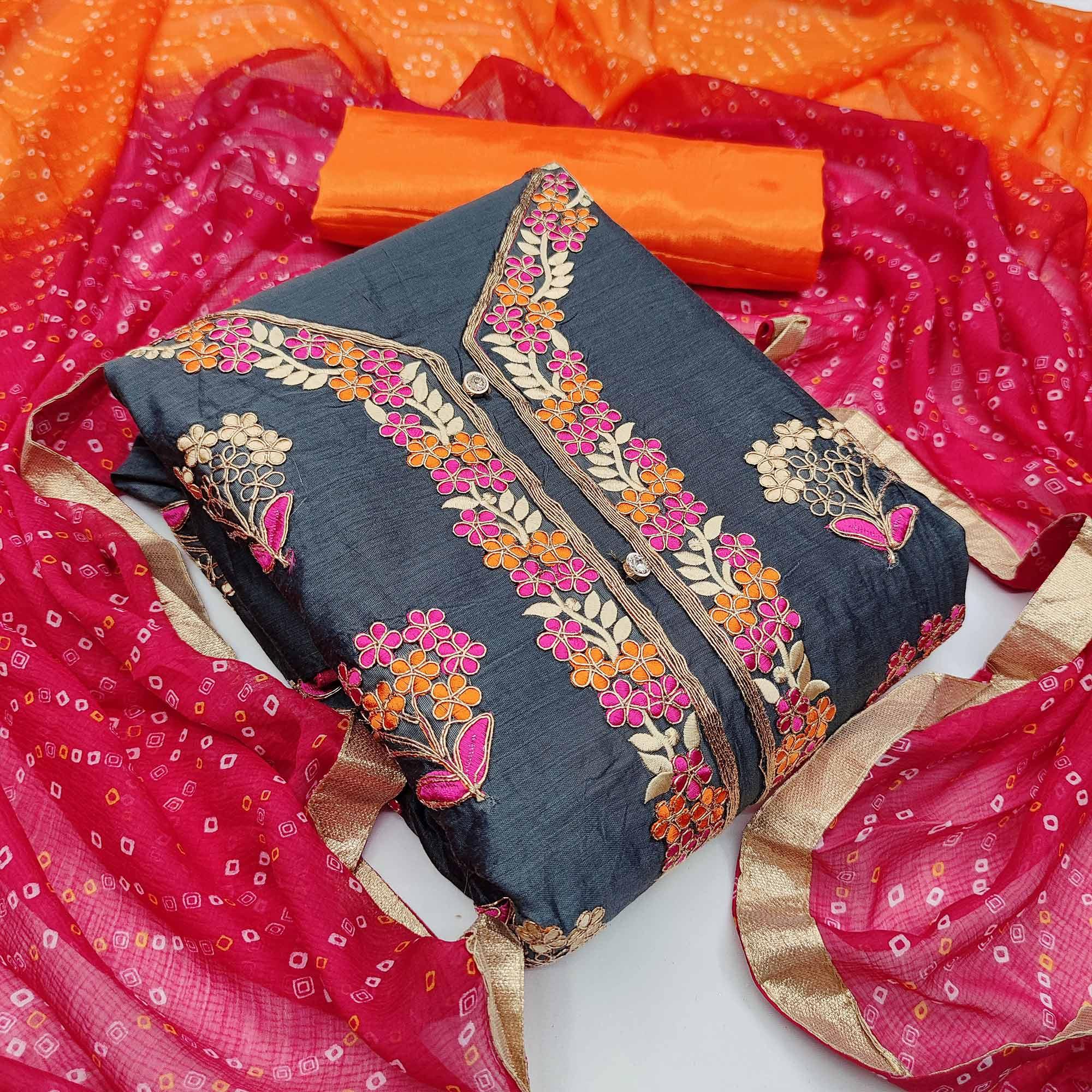 Dark Grey Casual Wear Floral Embroidery With Hand Work Modal Chanderi Dress Material - Peachmode