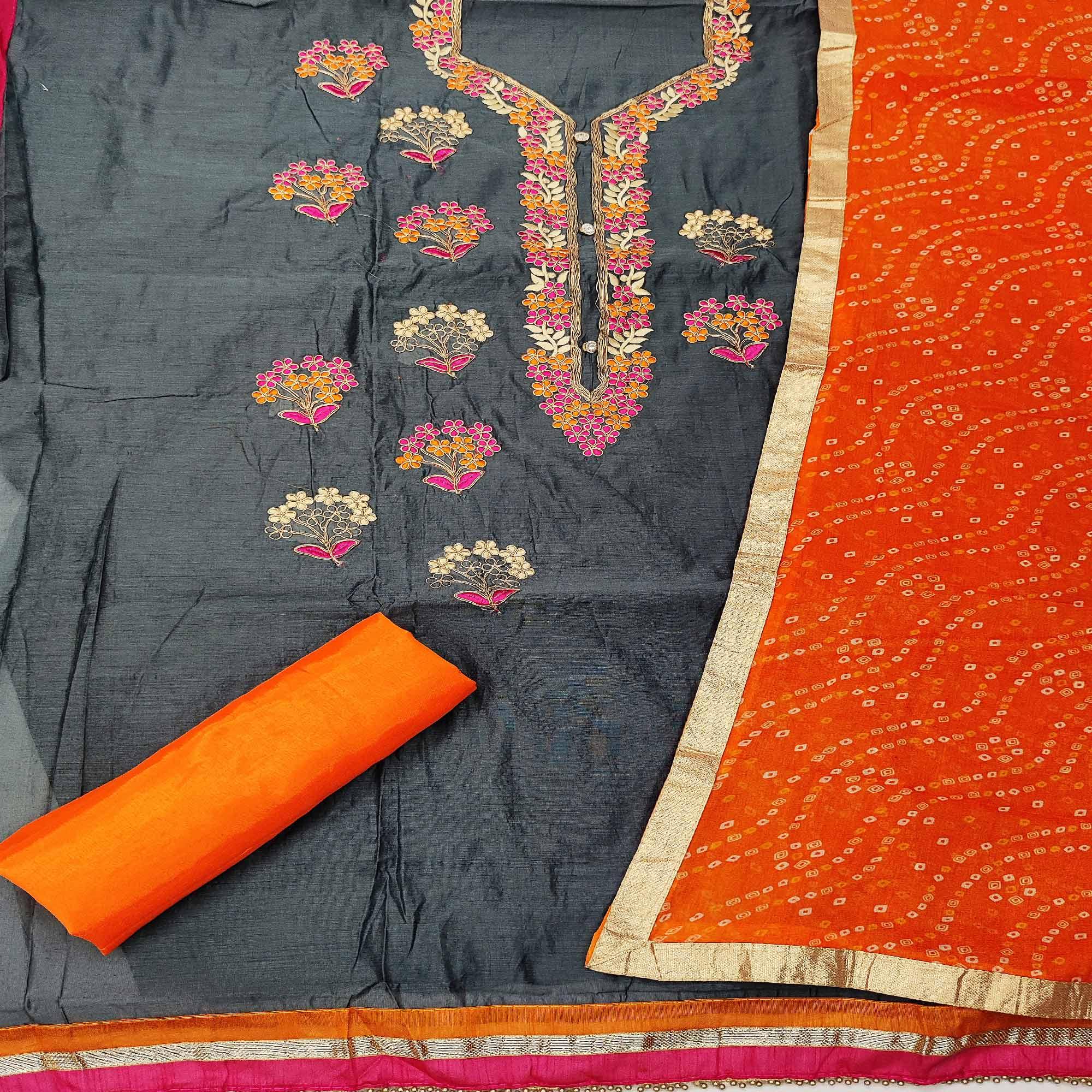 Dark Grey Casual Wear Floral Embroidery With Hand Work Modal Chanderi Dress Material - Peachmode