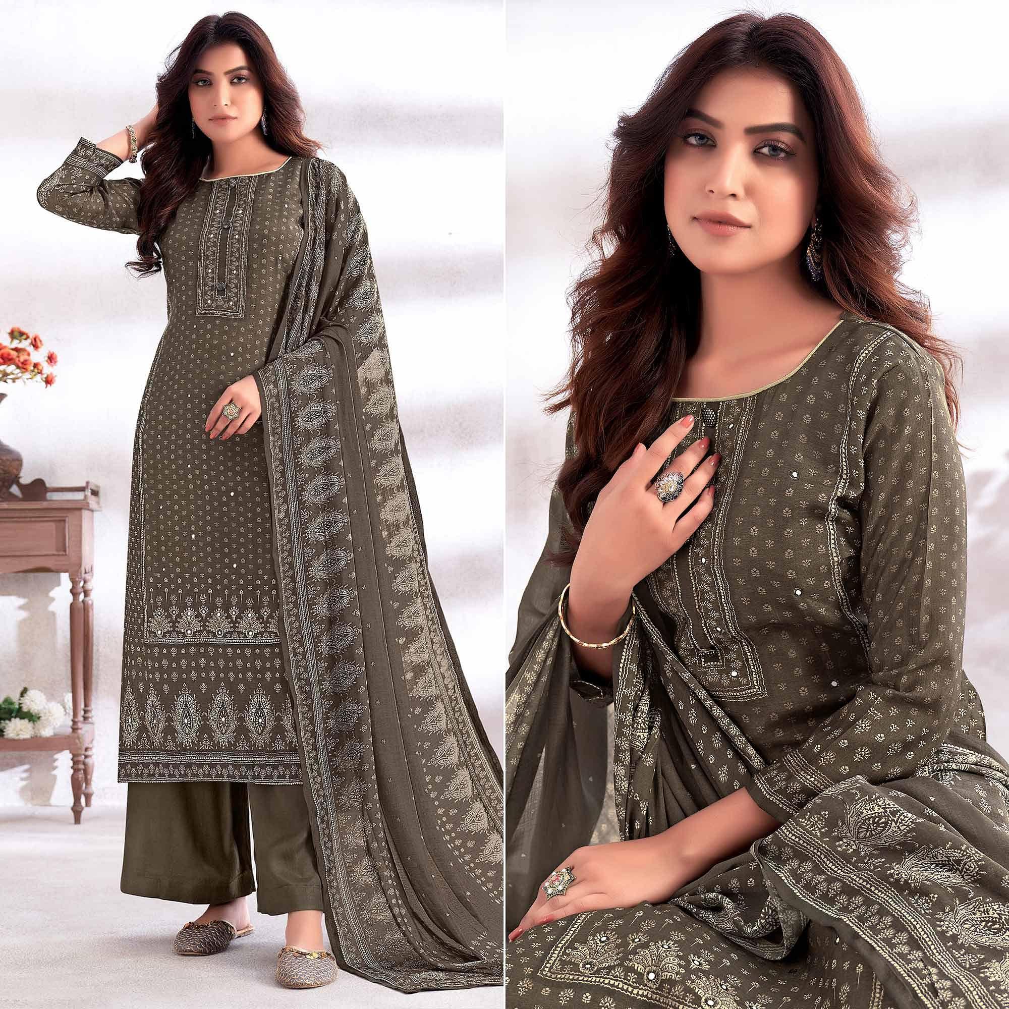 Dark Grey Digital Printed & Hand Work Cotton Silk Suit - Peachmode