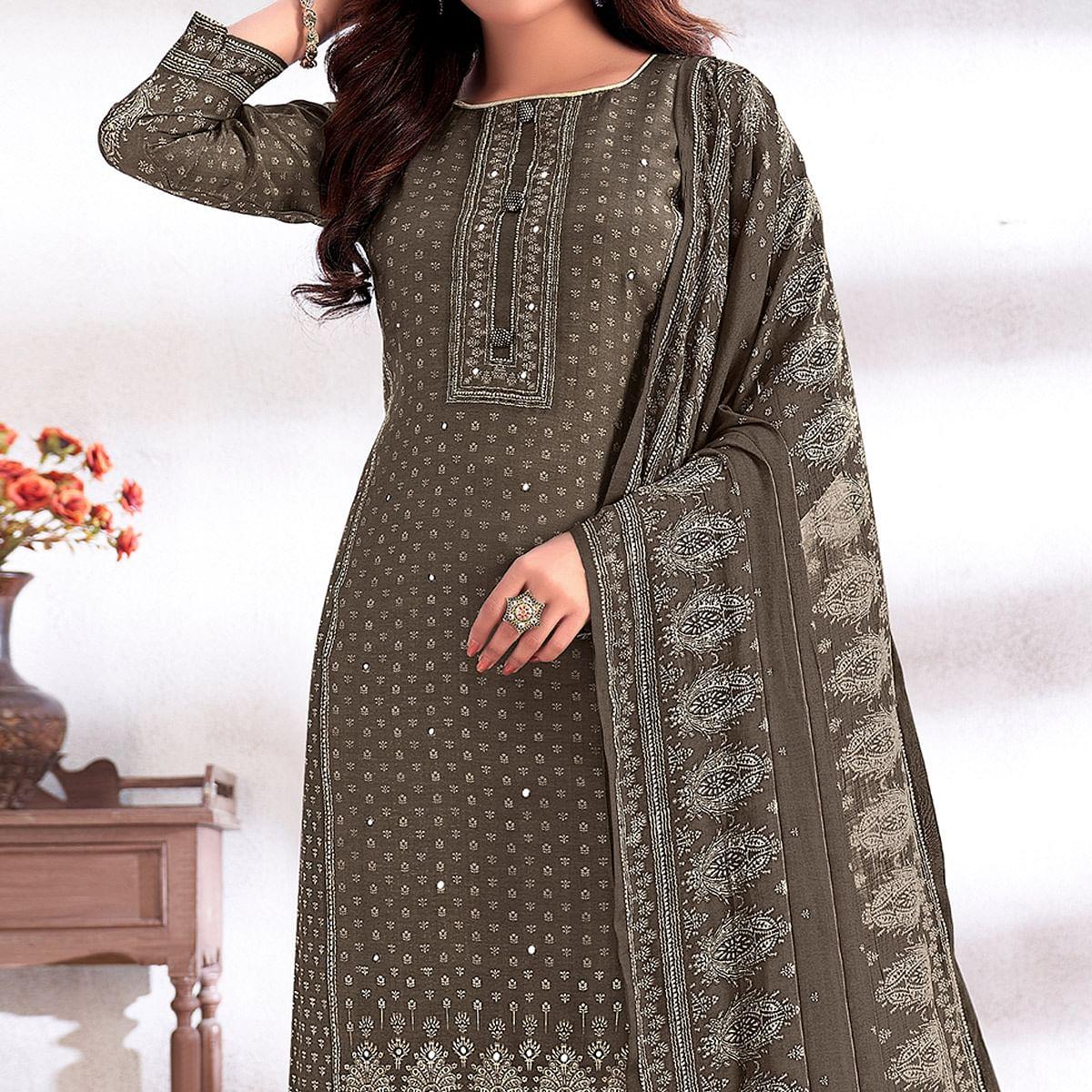 Dark Grey Digital Printed & Hand Work Cotton Silk Suit - Peachmode