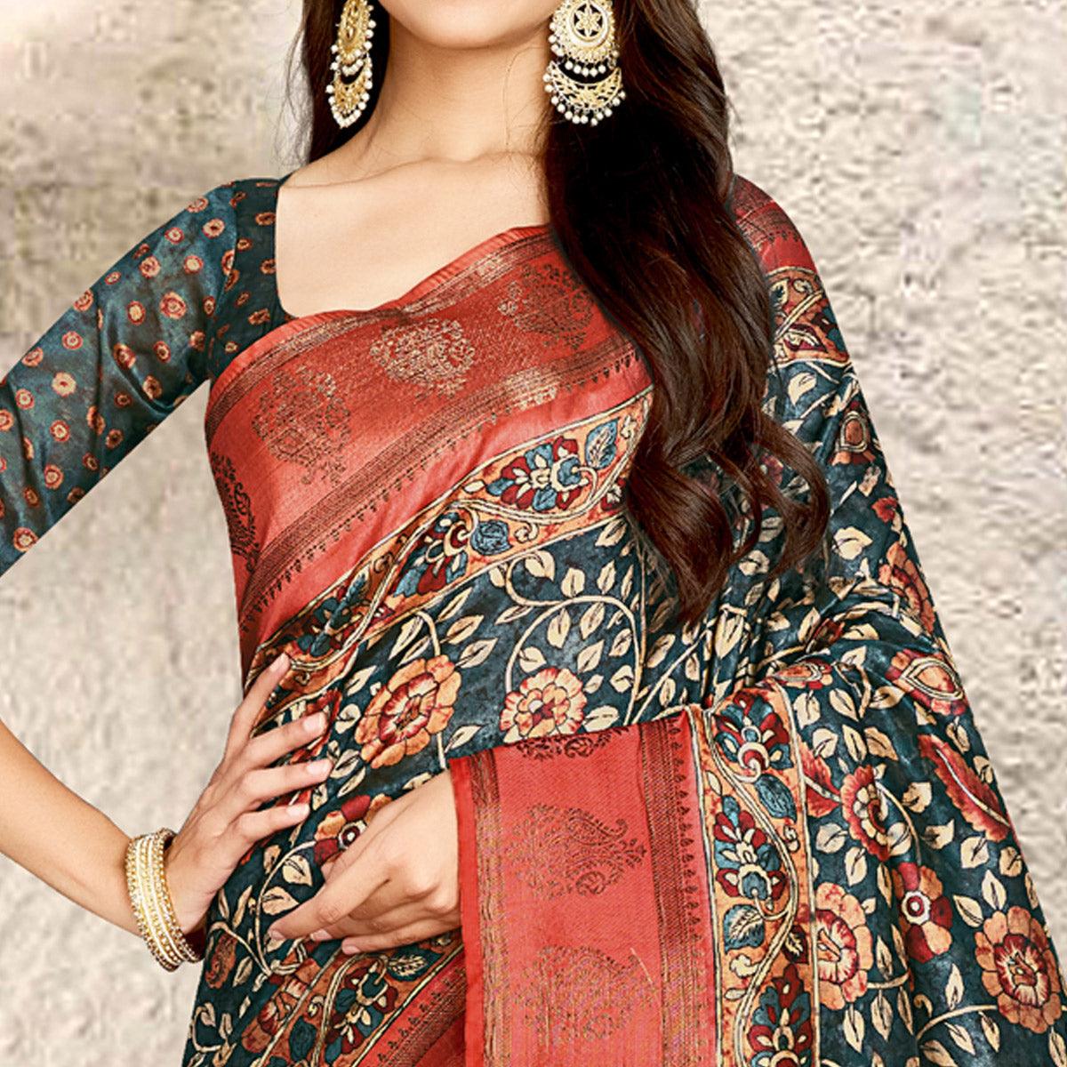 Dark Grey Digital Printed Tussar Silk Saree With Tassels - Peachmode