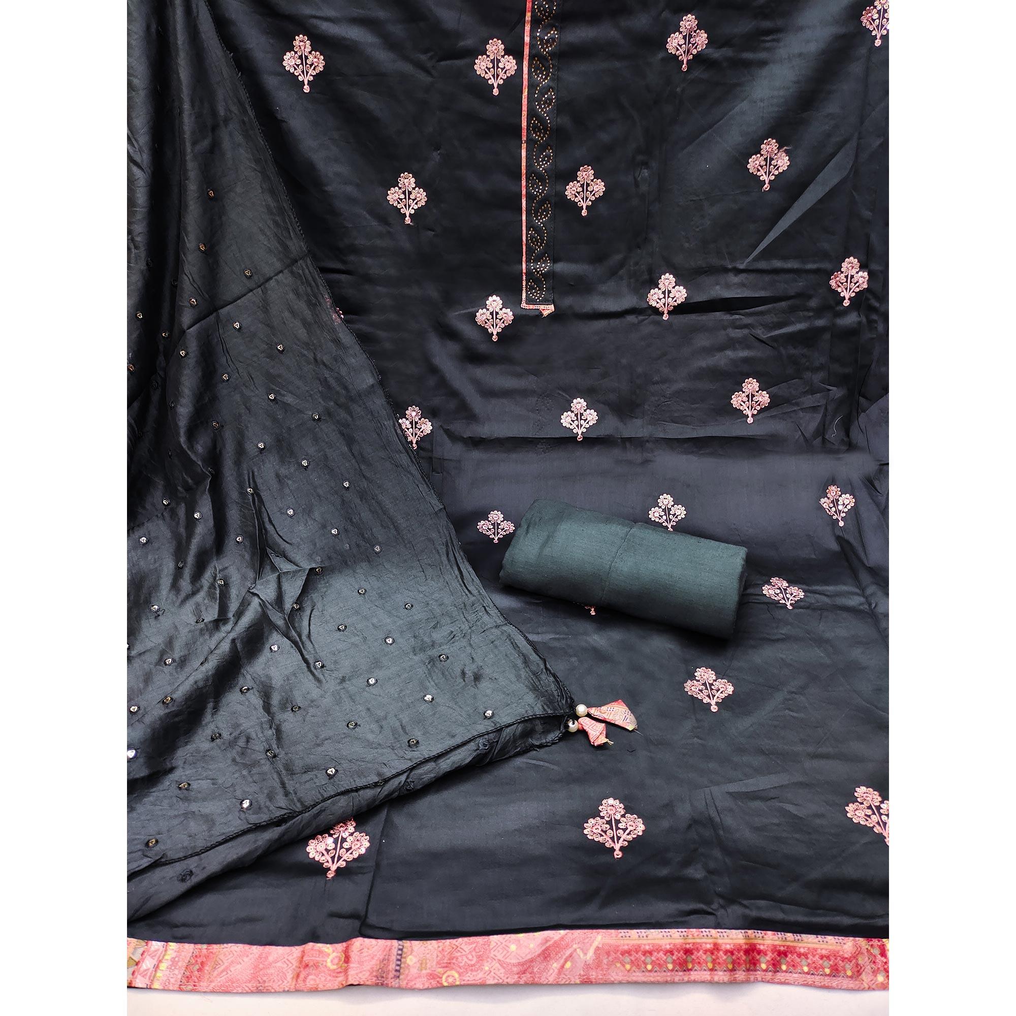Dark Grey Embroidered Poly Cotton Dress Material - Peachmode