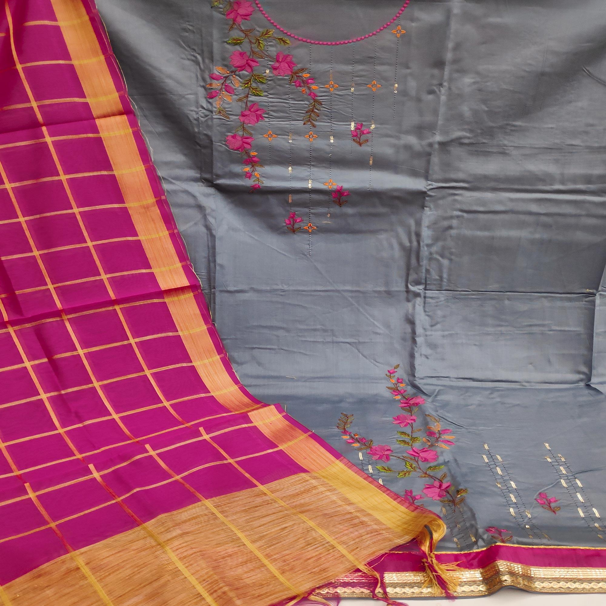 Dark Grey Festive Wear Floral Embroidery With Sequence Cotton Dress Material - Peachmode