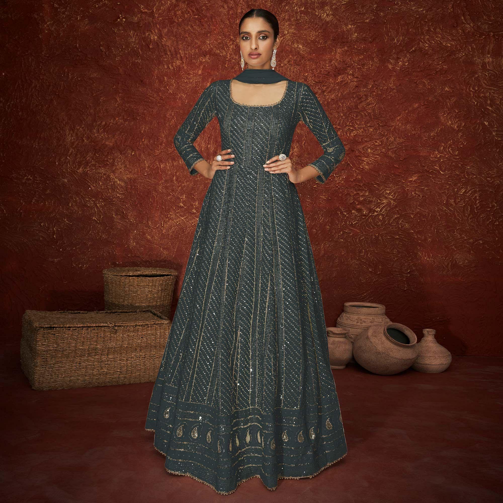 Dark Grey Partywear Sequence Embroidered Georgette Gown - Peachmode