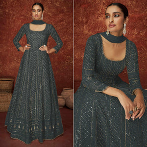 Dark Grey Partywear Sequence Embroidered Georgette Gown - Peachmode