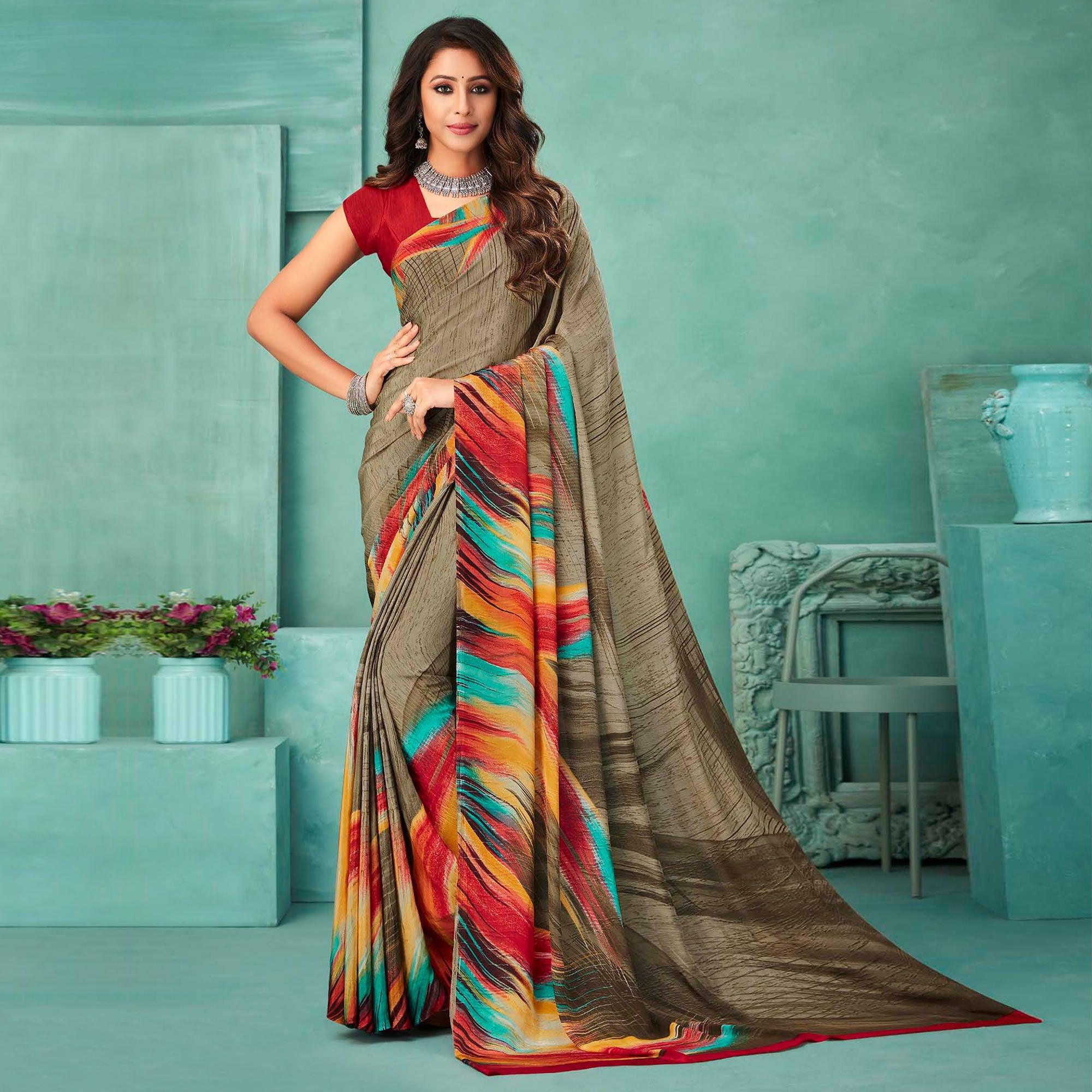 Dark Grey Printed Crepe Saree - Peachmode