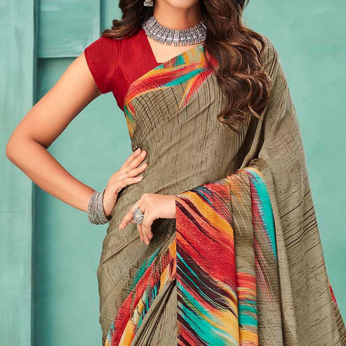 Dark Grey Printed Crepe Saree - Peachmode