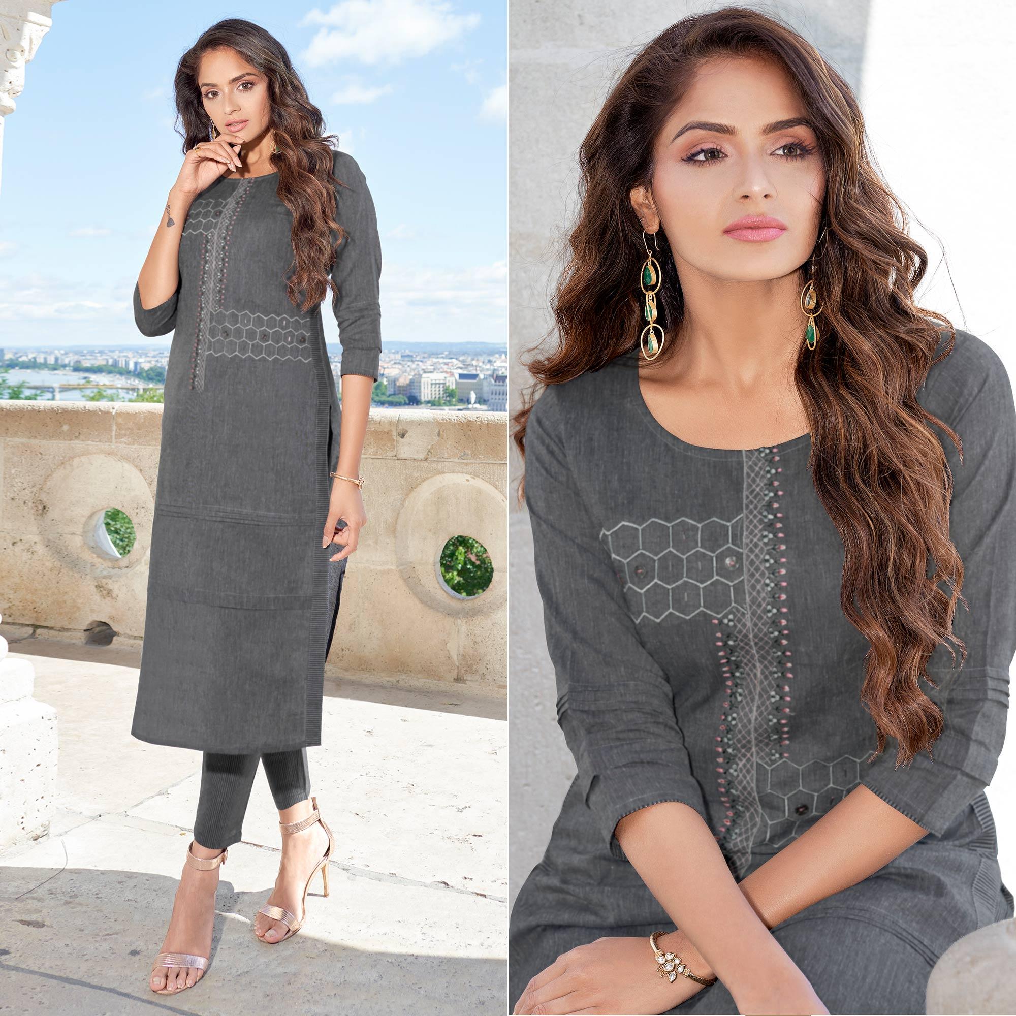 Dark Grey Printed With Embroidered Cotton Blend Kurti Pant Set - Peachmode