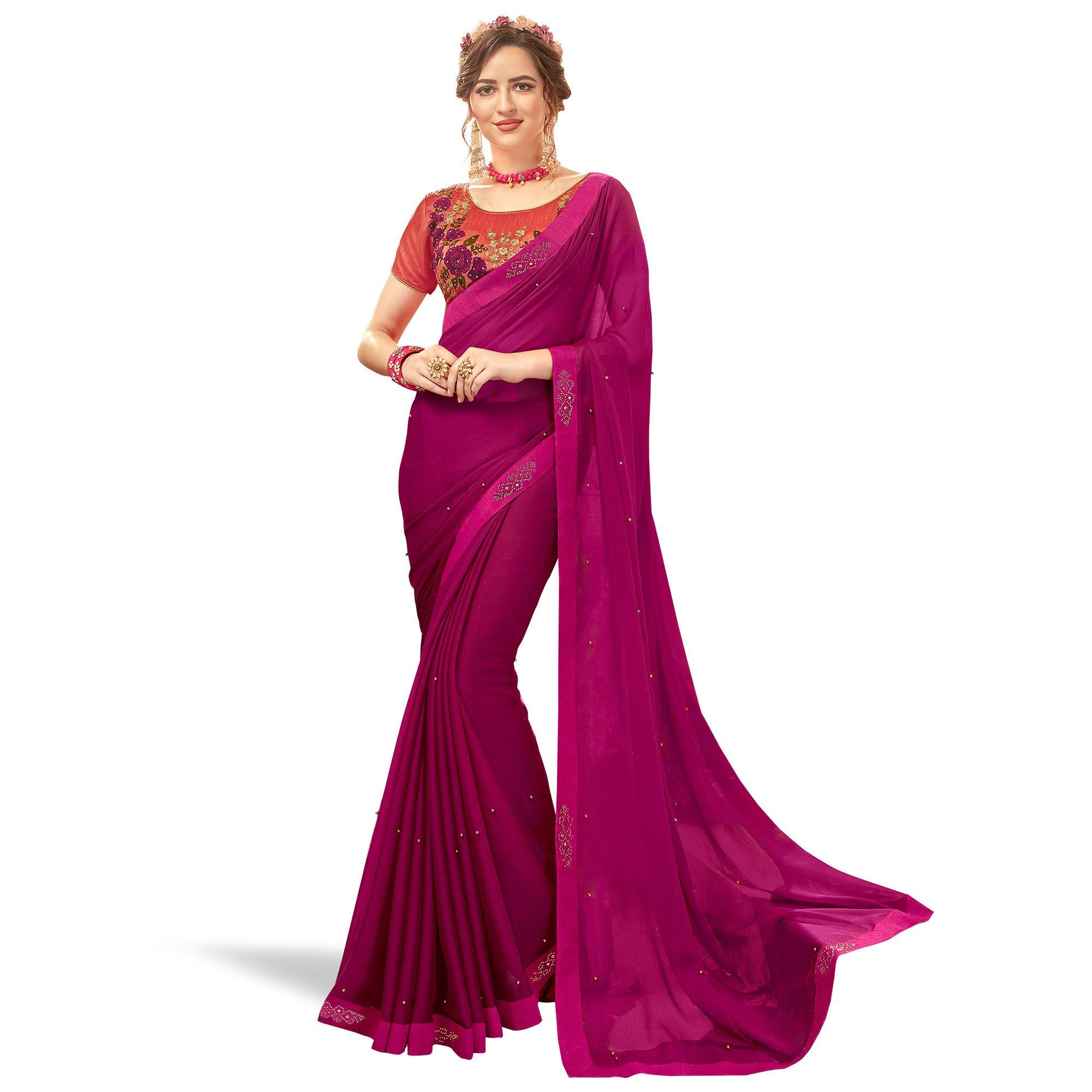 Dark Magenta Pink Sequence Work Georgette Saree - Peachmode