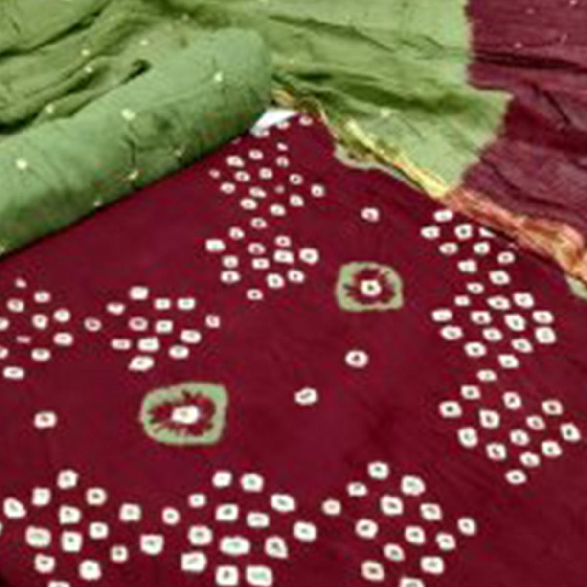 Dark Maroon Casual Wear Hand Bandhej Cotton Dress Material - Peachmode