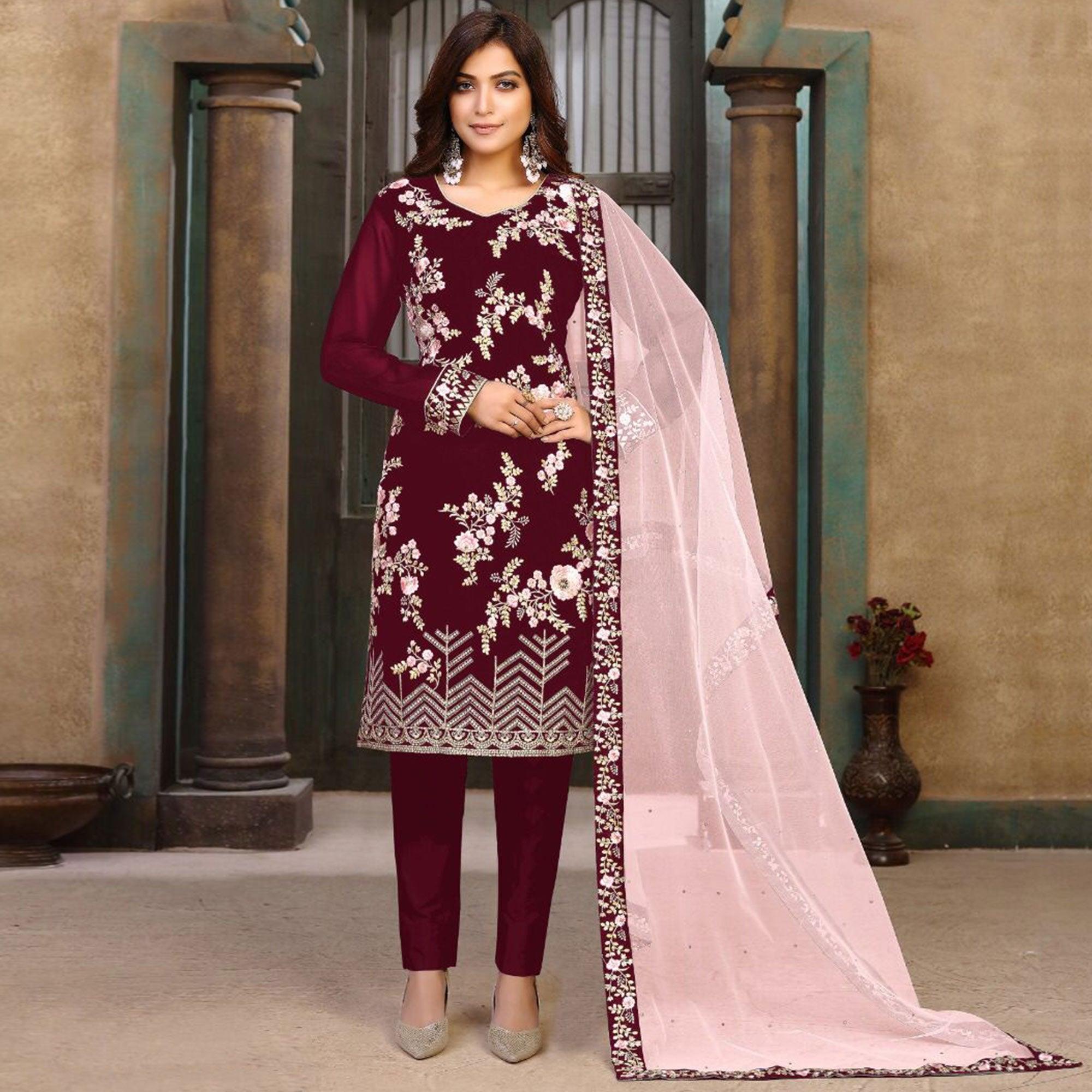 Dark Maroon Partywear Embroidered Heavy Faux Georgette Salwar Suit - Peachmode