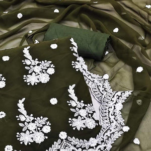 Dark Mehendi Embroidered Georgette Dress Material - Peachmode