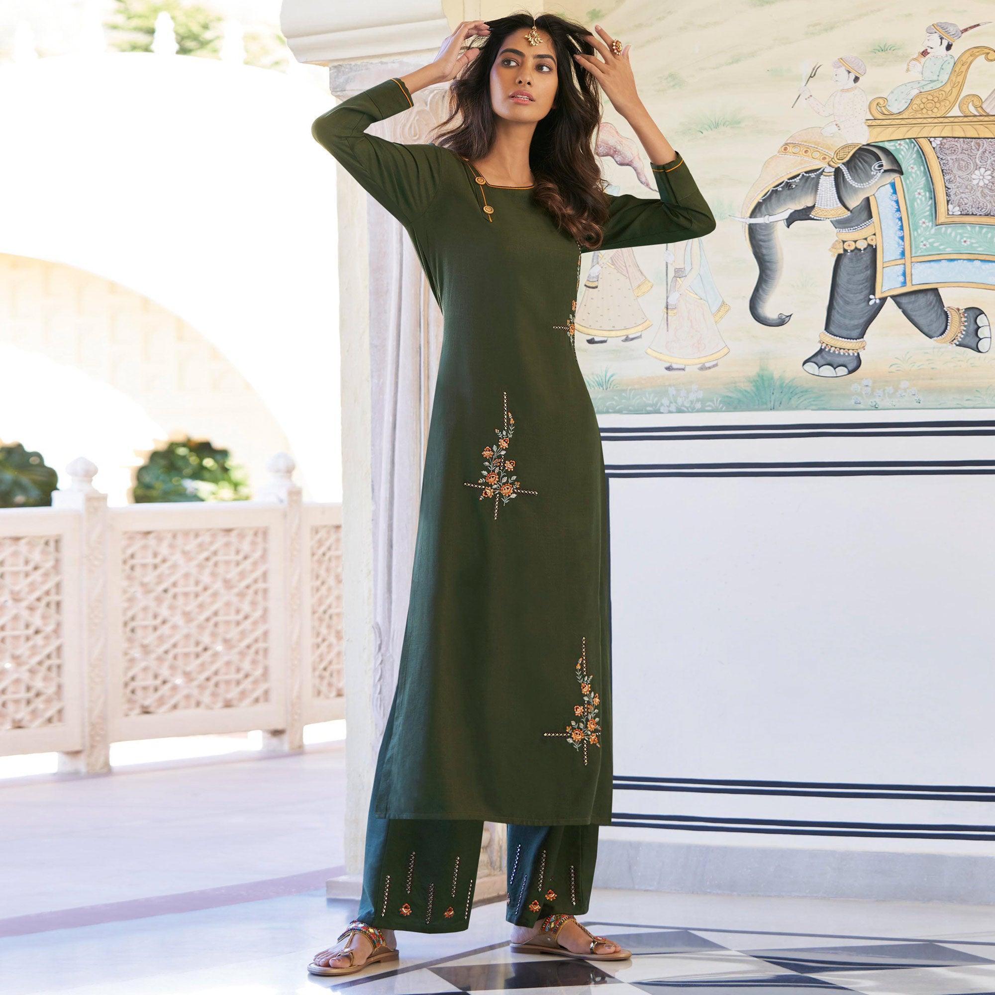 Dark Mehendi Green Casual Wear Embroidered Heavy Rayon Kurti - Palazzo Set - Peachmode