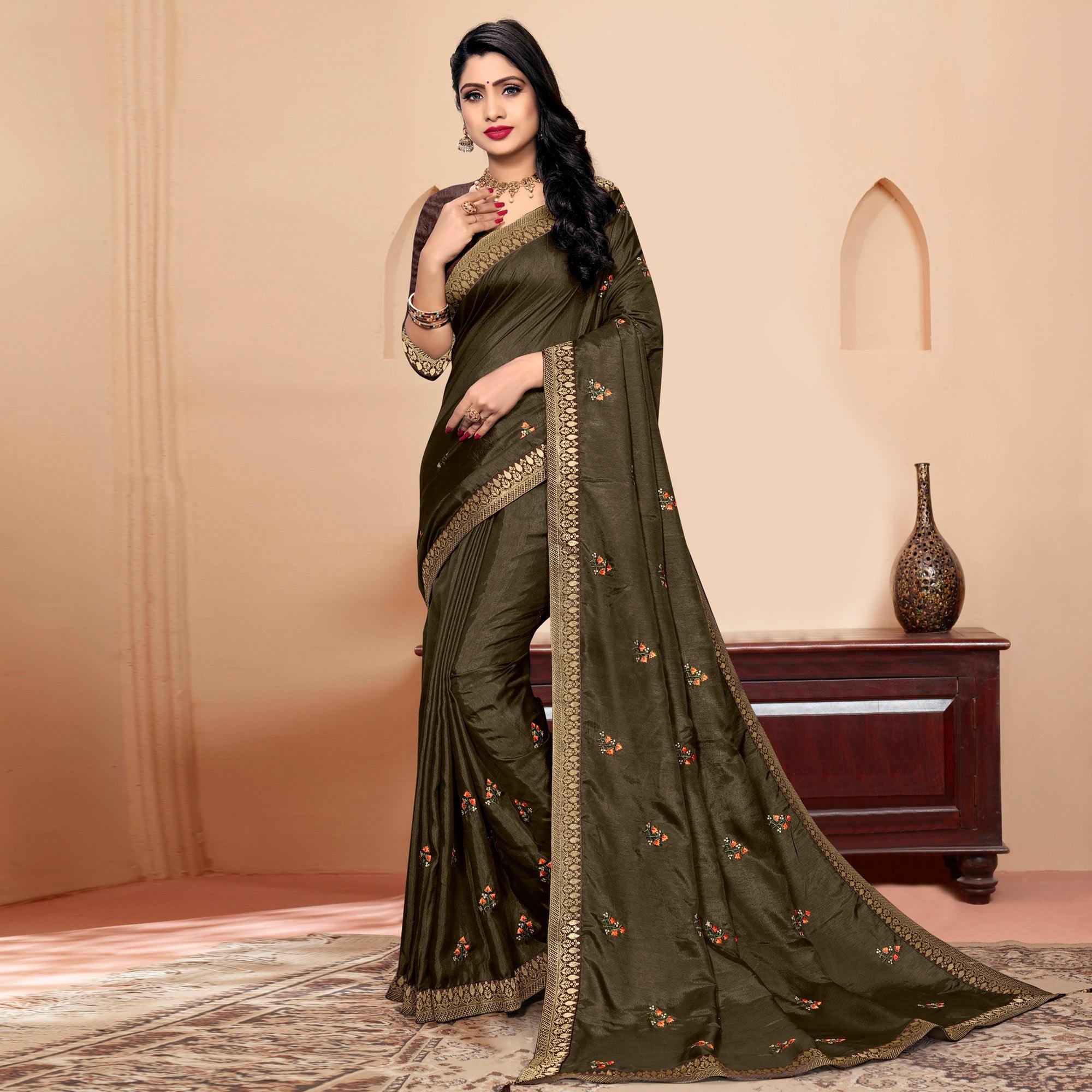 Dark Mehendi Green Embroidered Vichitra Silk Saree - Peachmode