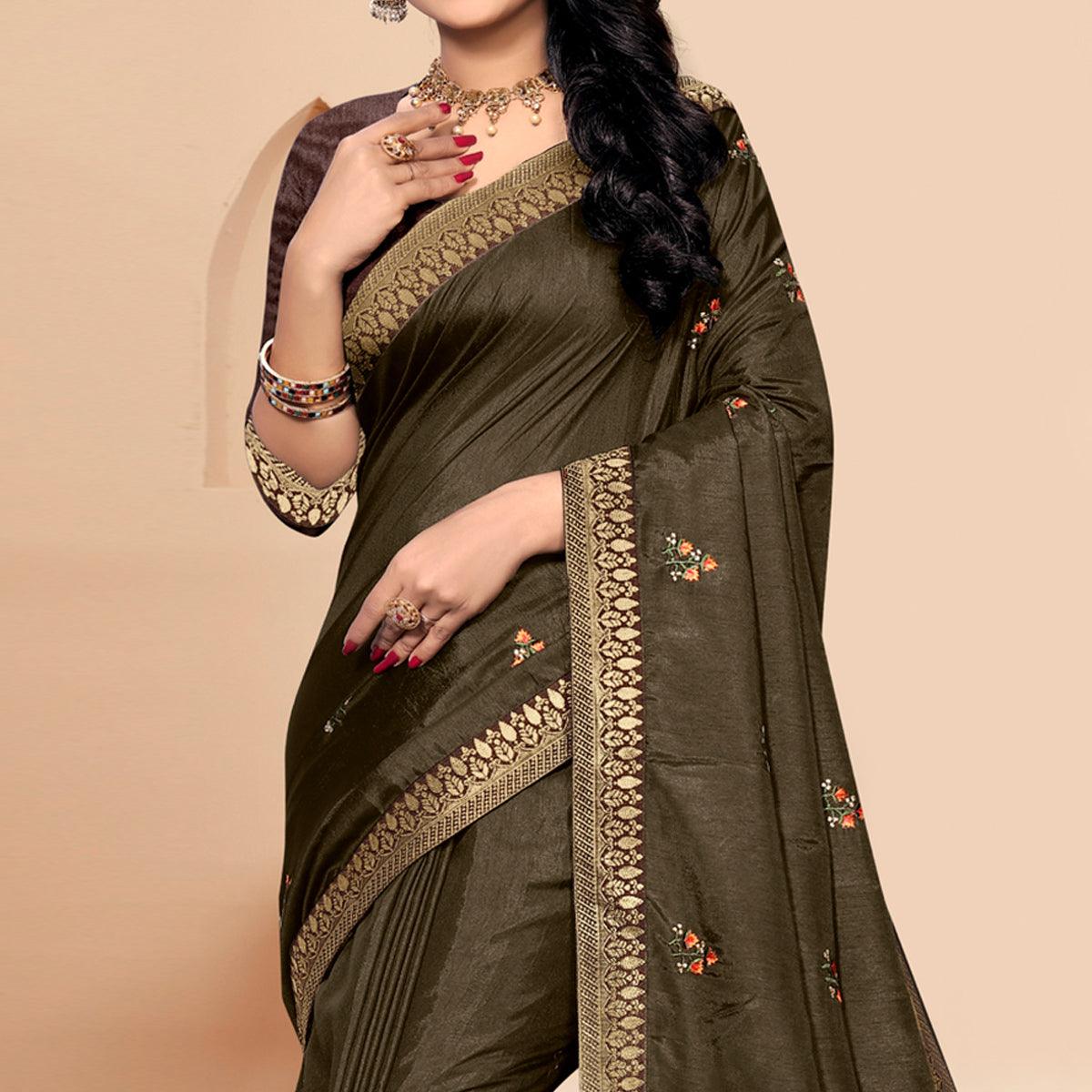 Dark Mehendi Green Embroidered Vichitra Silk Saree - Peachmode