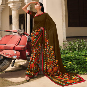 Dark Mehendi Green Printed Georgette Saree - Peachmode