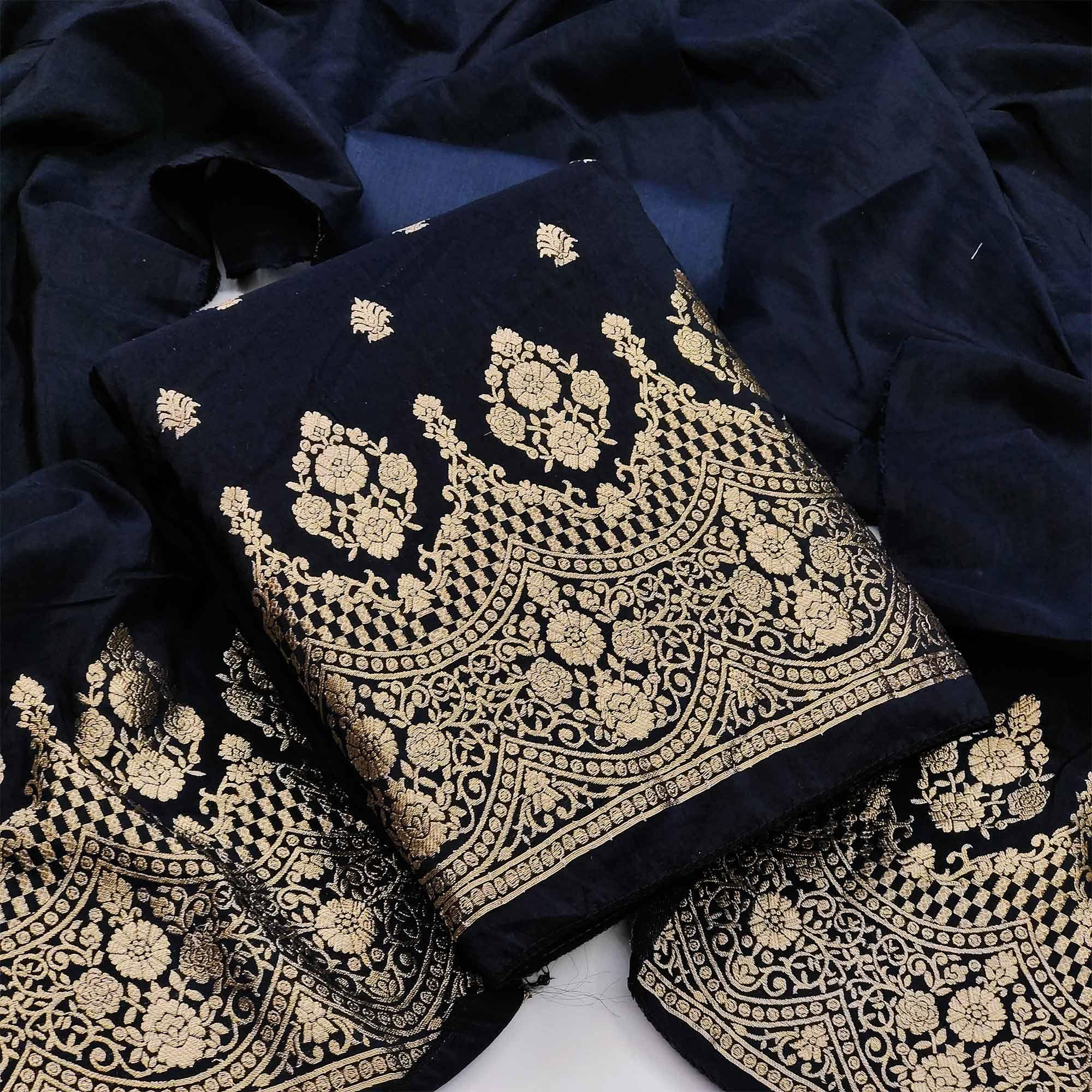 Dark Navy Blue Festive Wear Embroidered Viscose Banarasi Dress Material - Peachmode