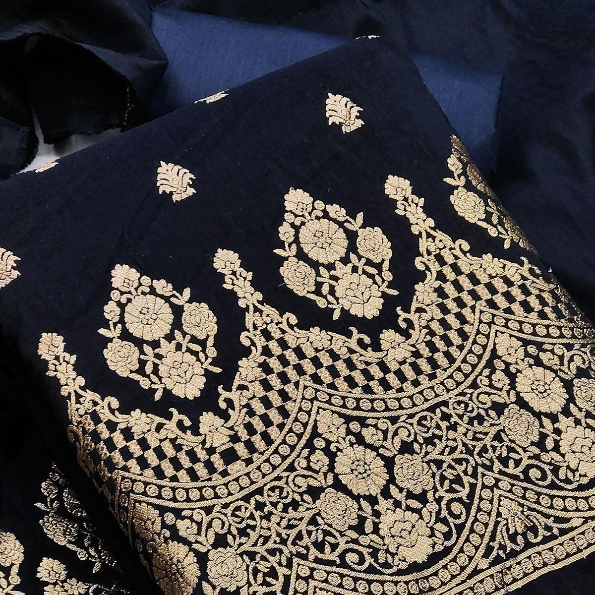Dark Navy Blue Festive Wear Embroidered Viscose Banarasi Dress Material - Peachmode