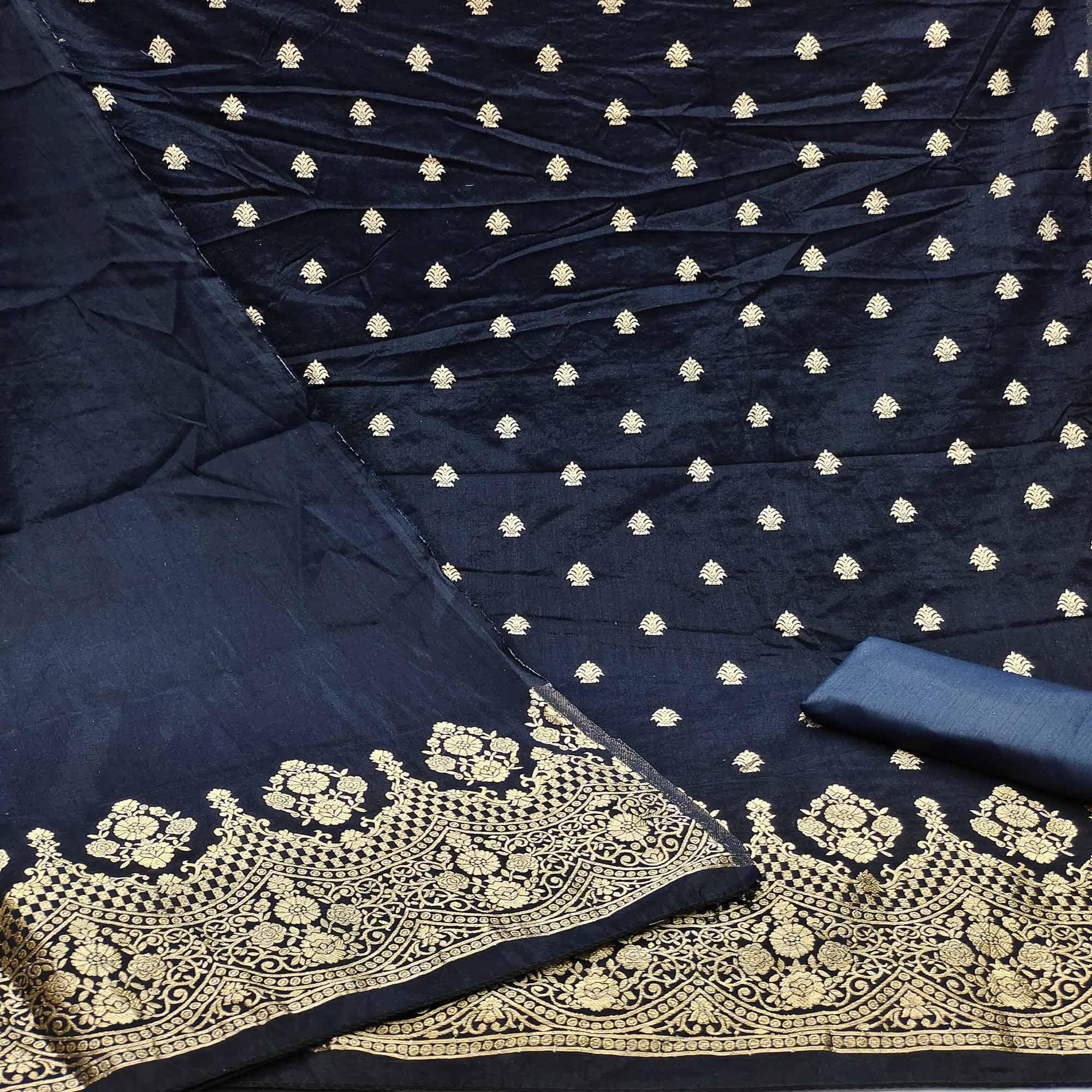 Dark Navy Blue Festive Wear Embroidered Viscose Banarasi Dress Material - Peachmode