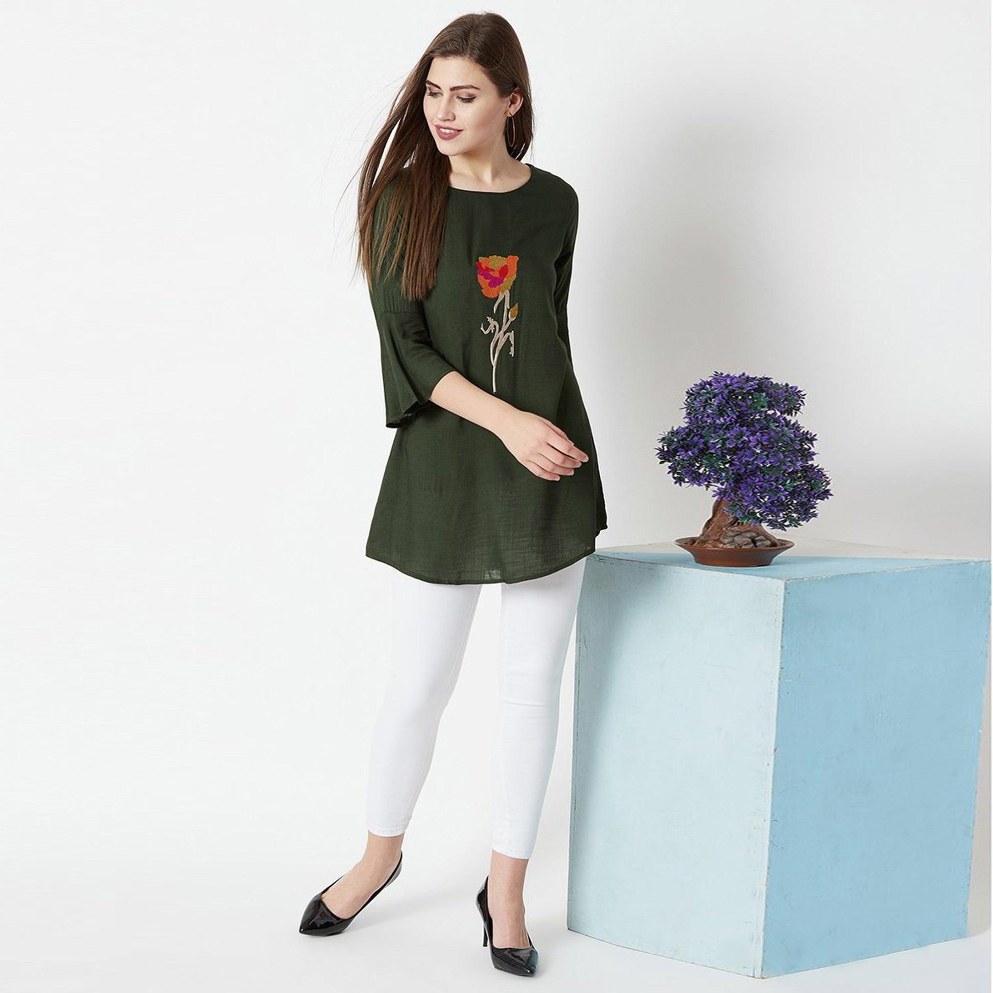 Dark Olive Green Casual Wear Hand Embroidered Designer Cotton Slub Top - Peachmode