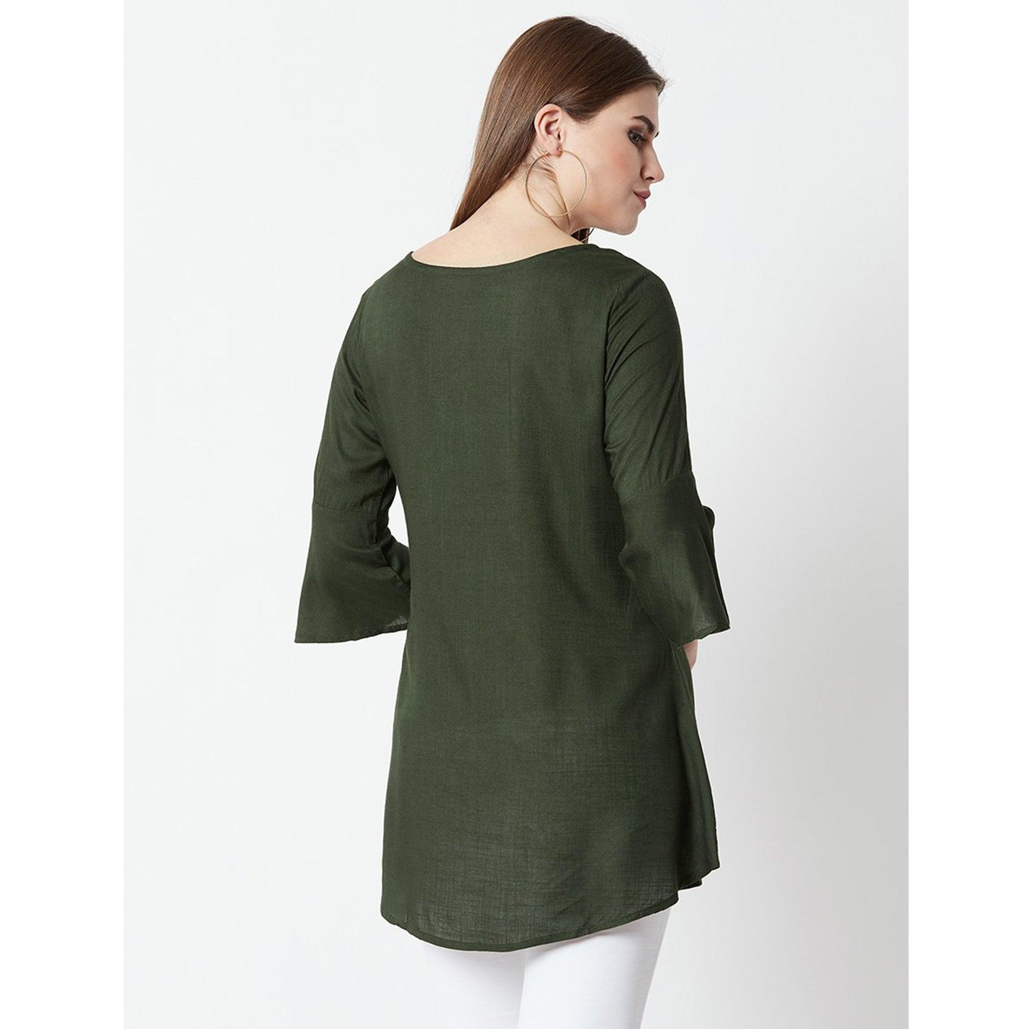 Dark Olive Green Casual Wear Hand Embroidered Designer Cotton Slub Top - Peachmode