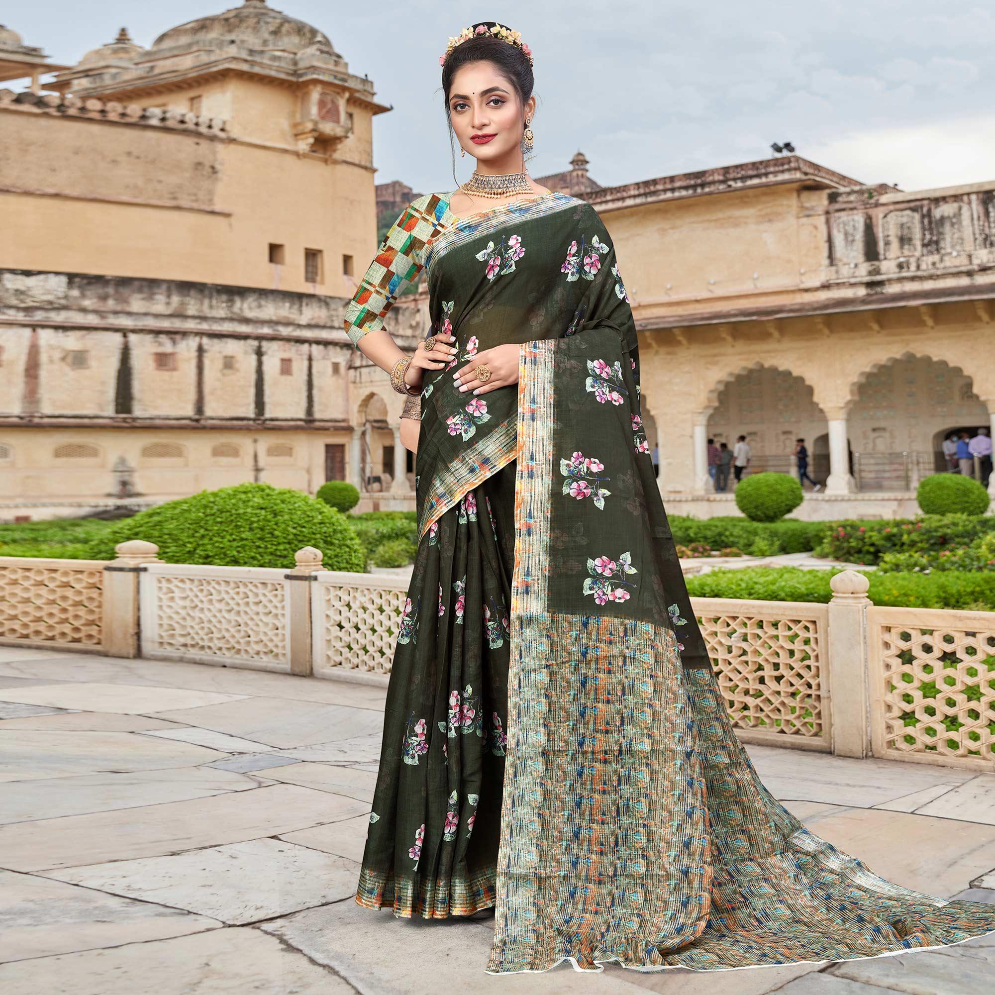 Dark Olive Green Digital Printed Linen Saree - Peachmode