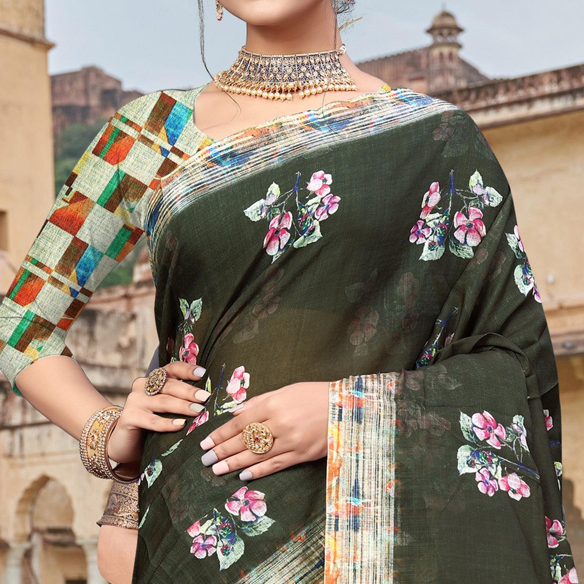 Dark Olive Green Digital Printed Linen Saree - Peachmode