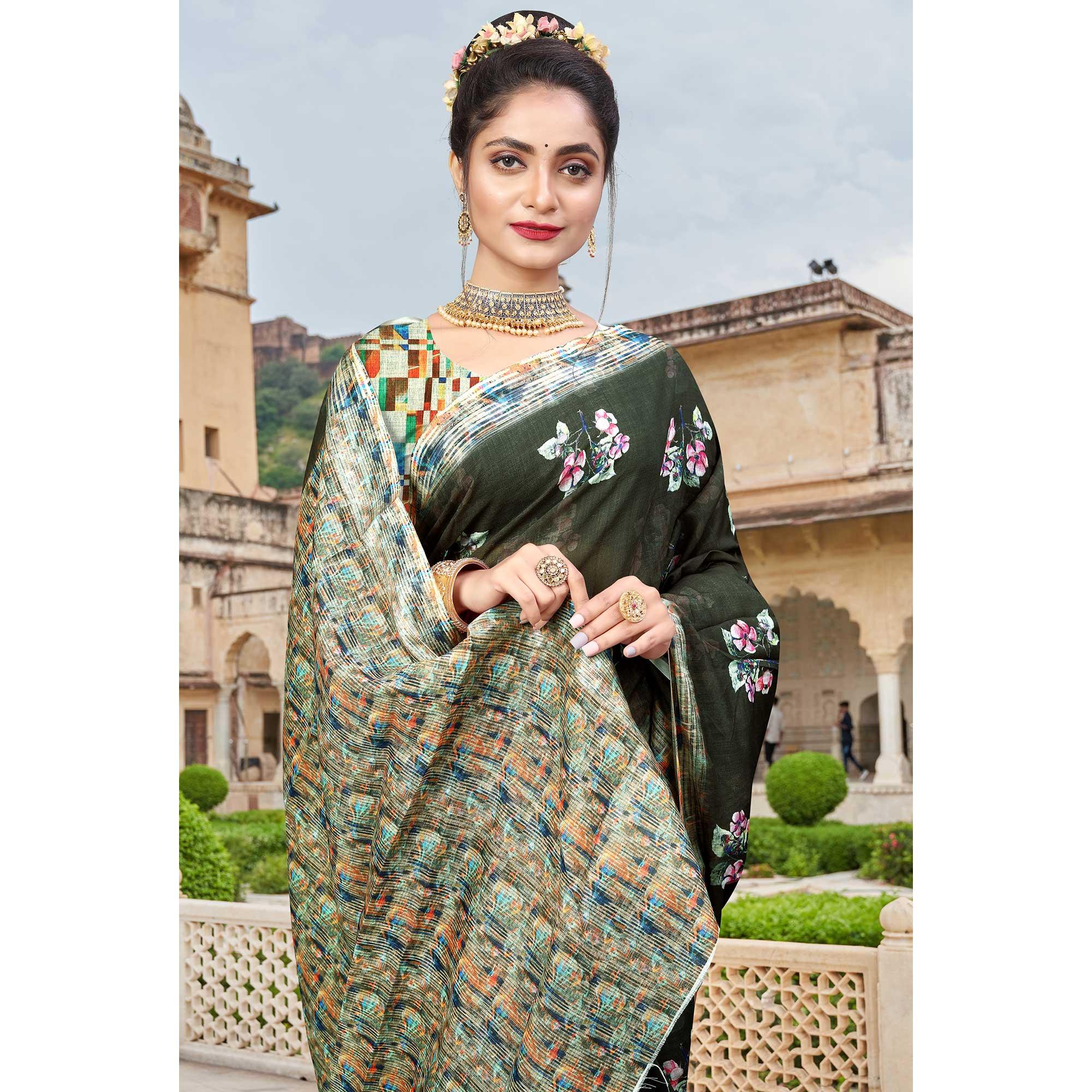 Dark Olive Green Digital Printed Linen Saree - Peachmode