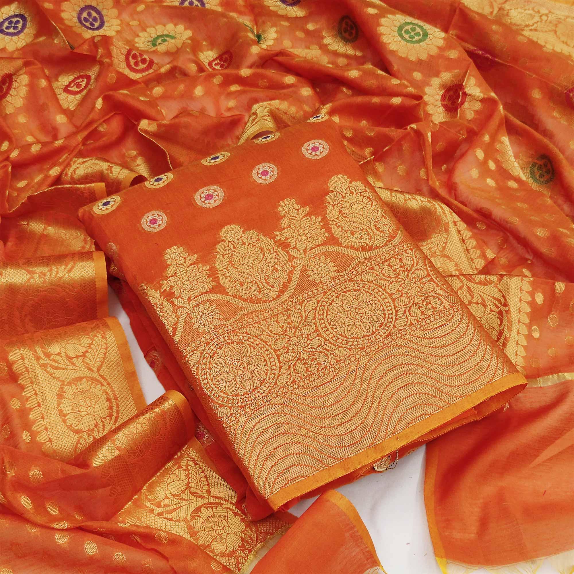 Dark Orange Festive Wear Woven Banarasi Silk Dress Material - Peachmode