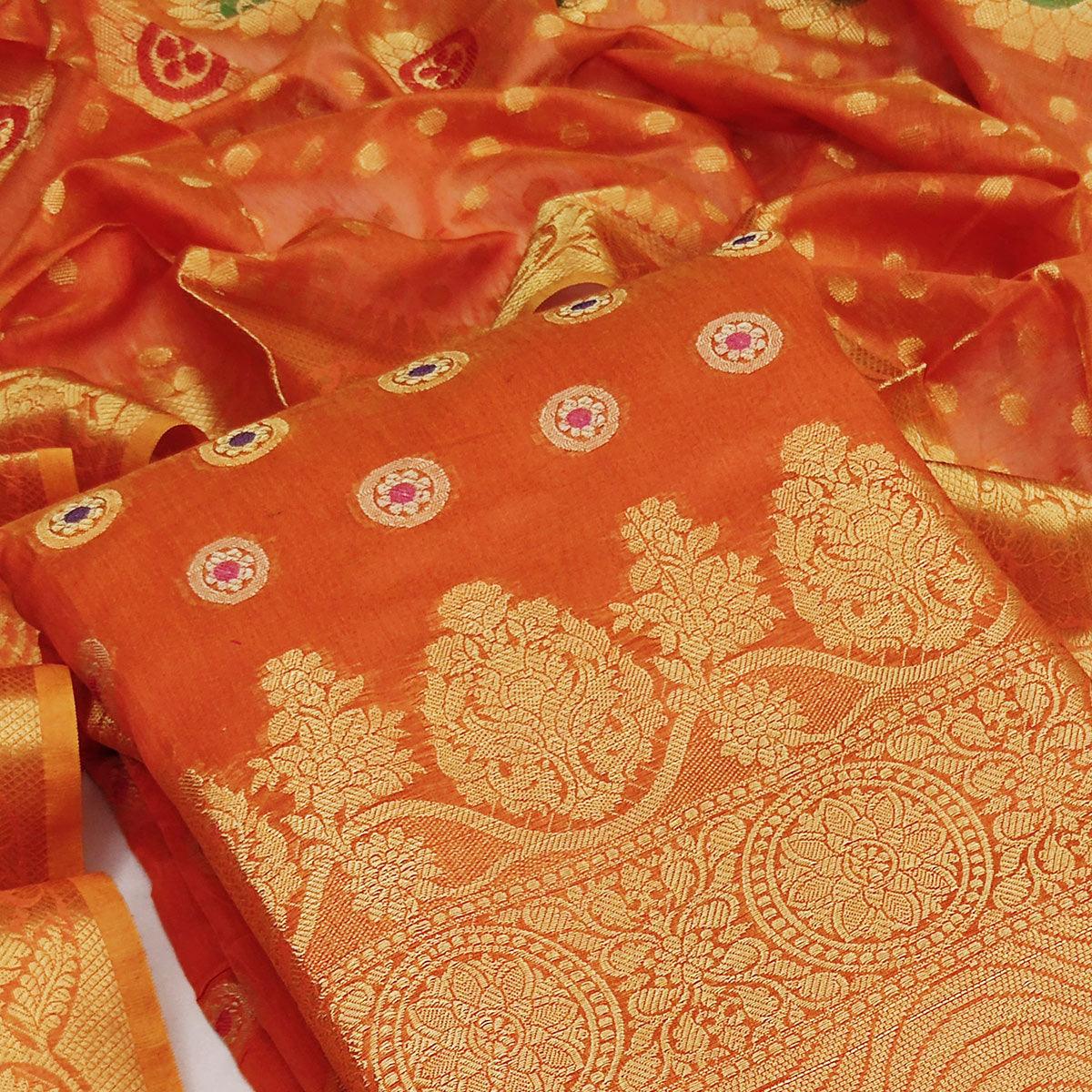 Dark Orange Festive Wear Woven Banarasi Silk Dress Material - Peachmode