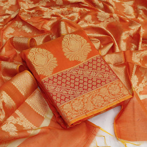 Dark Orange Festive Wear Woven Jacquard Banarasi Silk Dress Material - Peachmode
