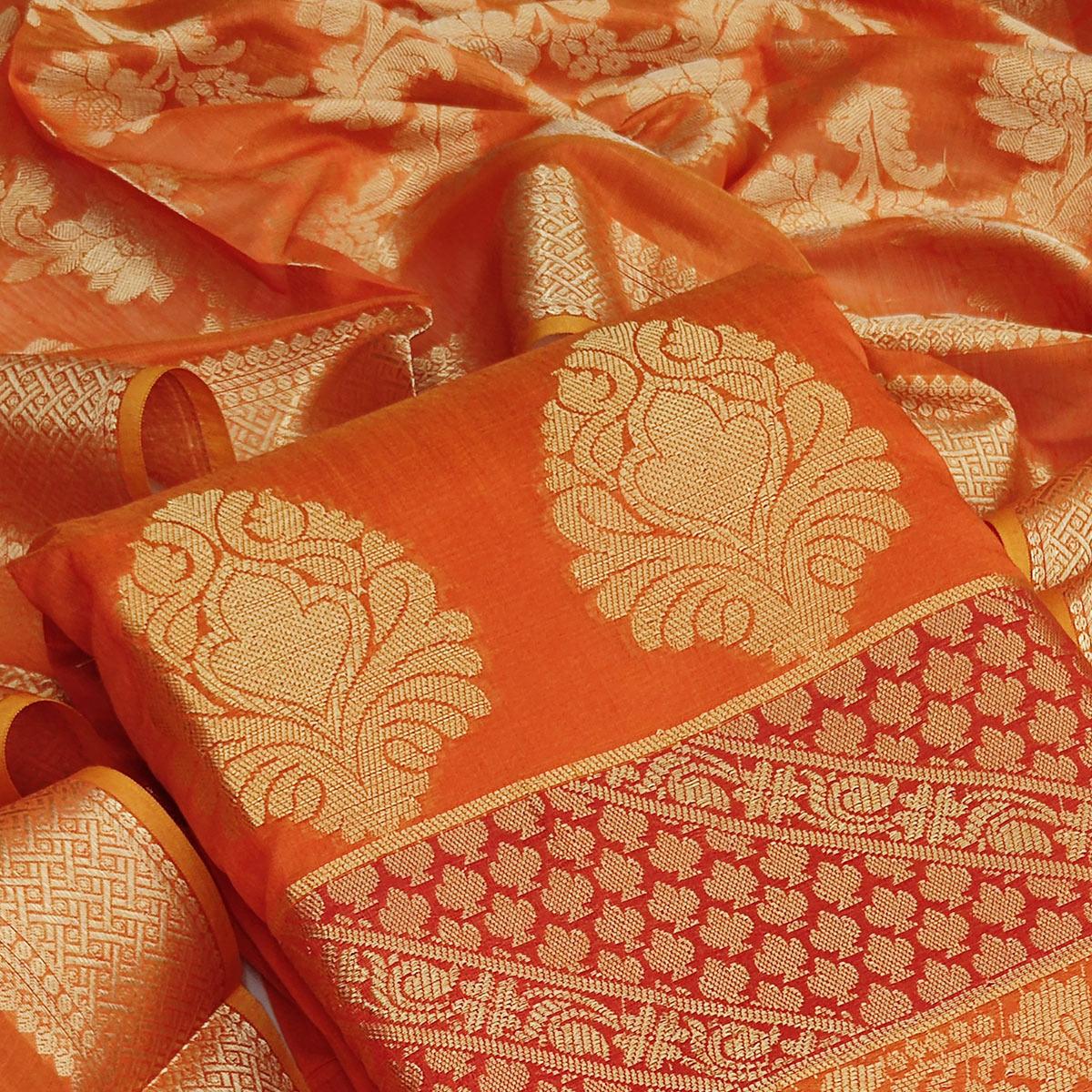 Dark Orange Festive Wear Woven Jacquard Banarasi Silk Dress Material - Peachmode