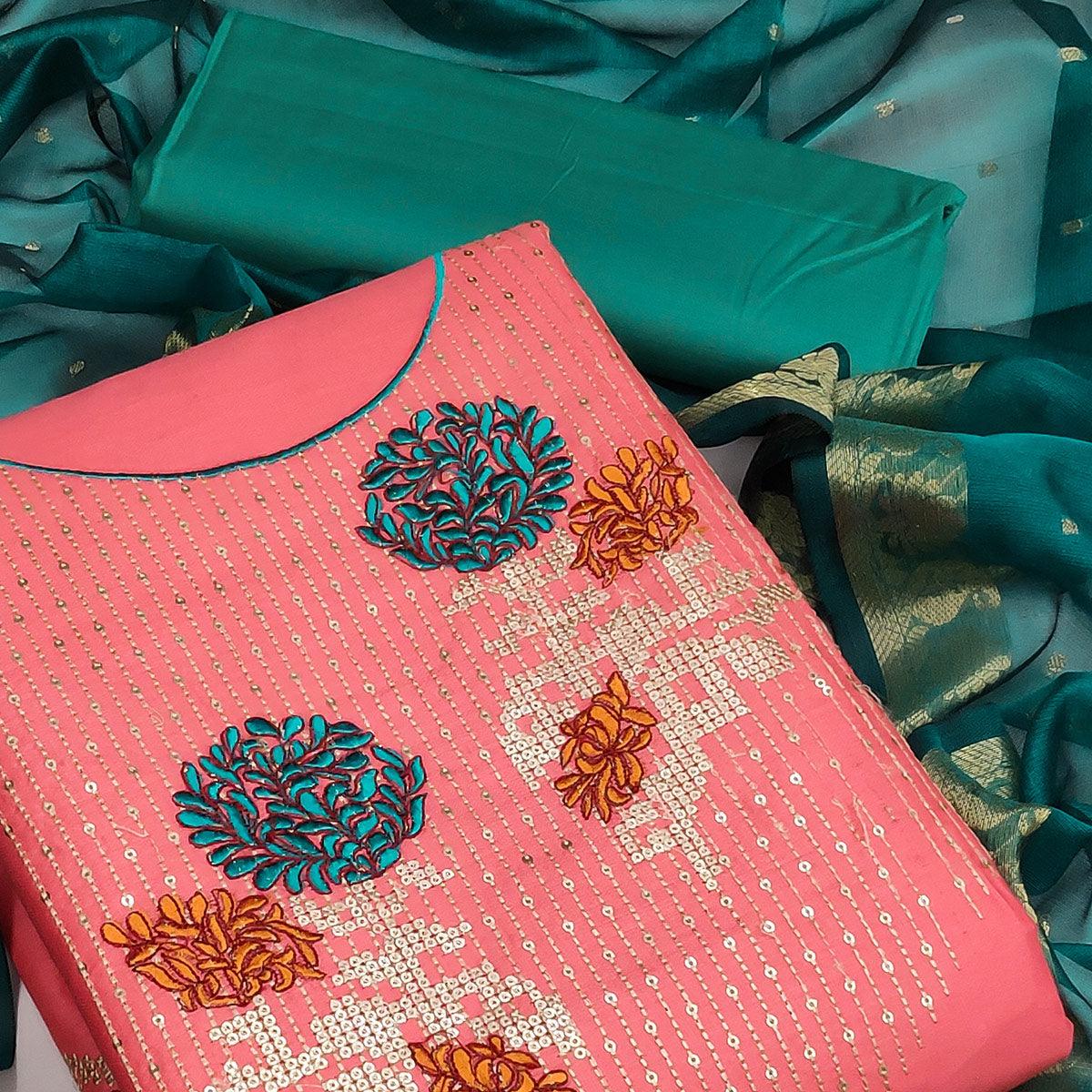 Dark Peach Festive Wear Floral Embroidered Cotton Dress Material - Peachmode