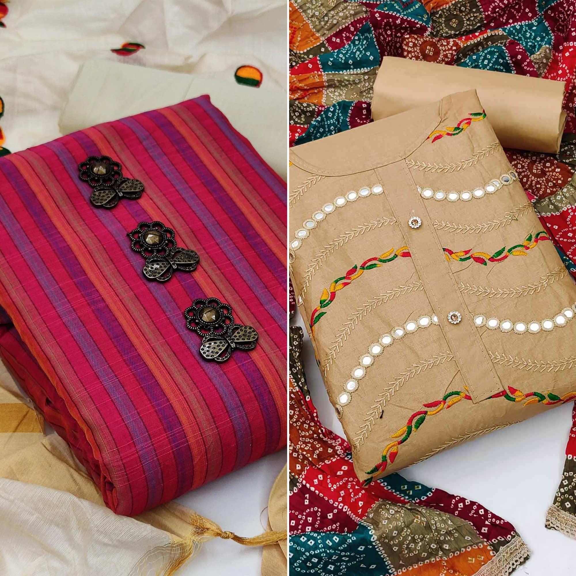 Dark Pink And Chikoo Dress Material Pack Of 2 - Peachmode