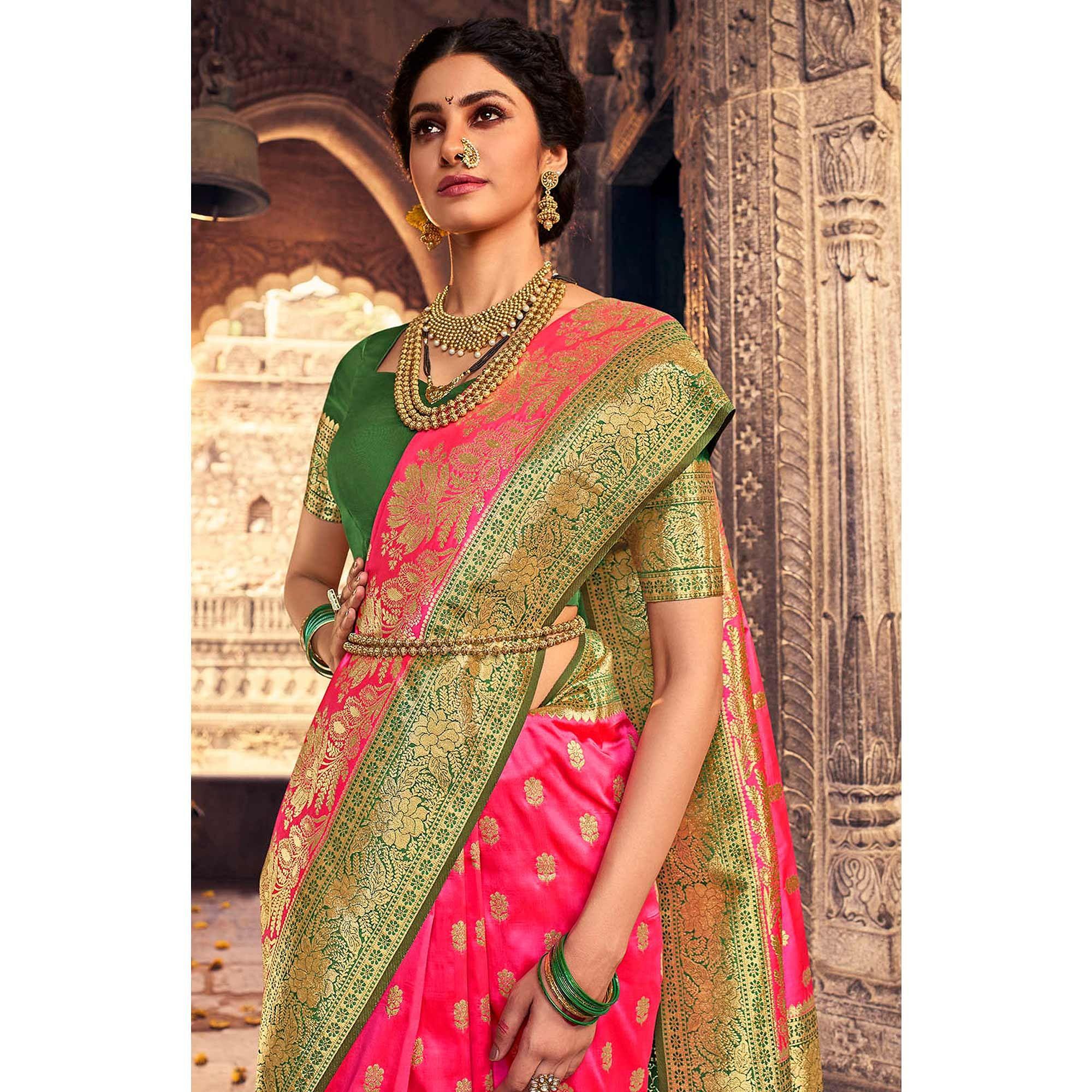 Dark Pink & Green Festive Wear Woven Banarasi Silk Saree - Peachmode