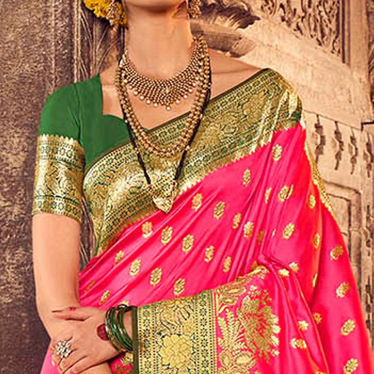 Dark Pink & Green Festive Wear Woven Banarasi Silk Saree - Peachmode