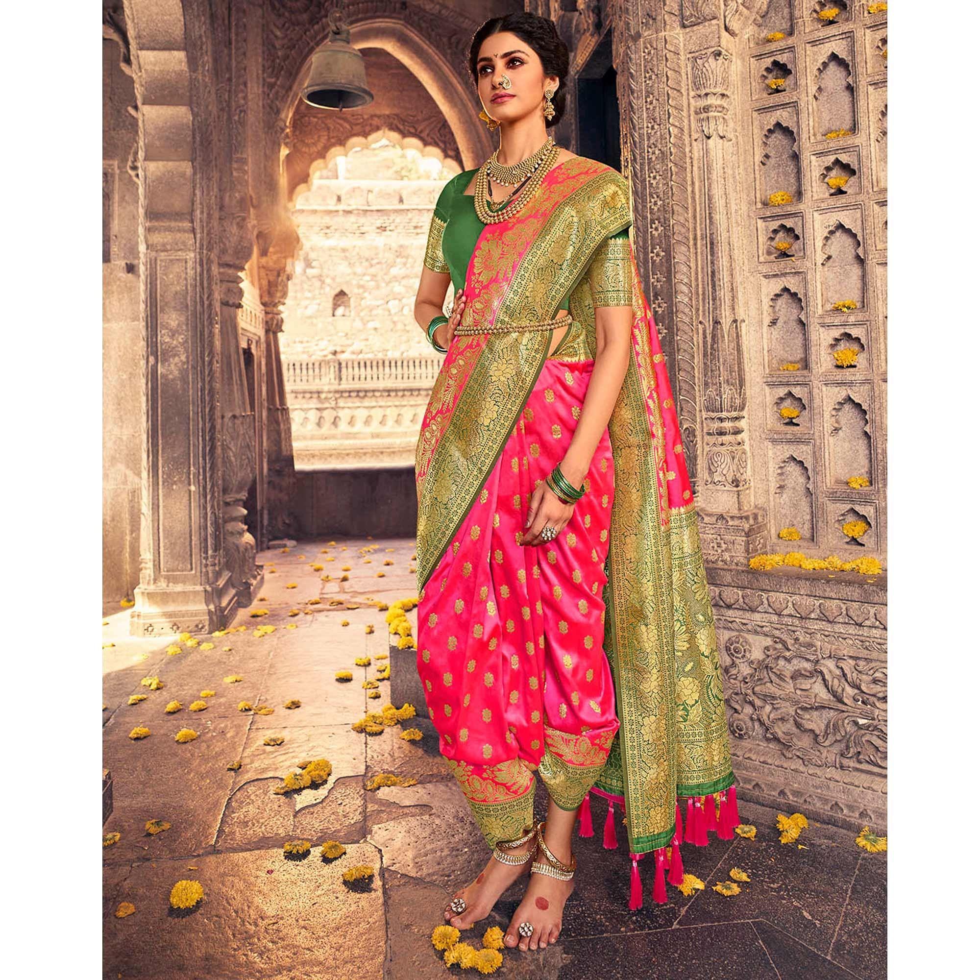 Dark Pink & Green Festive Wear Woven Banarasi Silk Saree - Peachmode