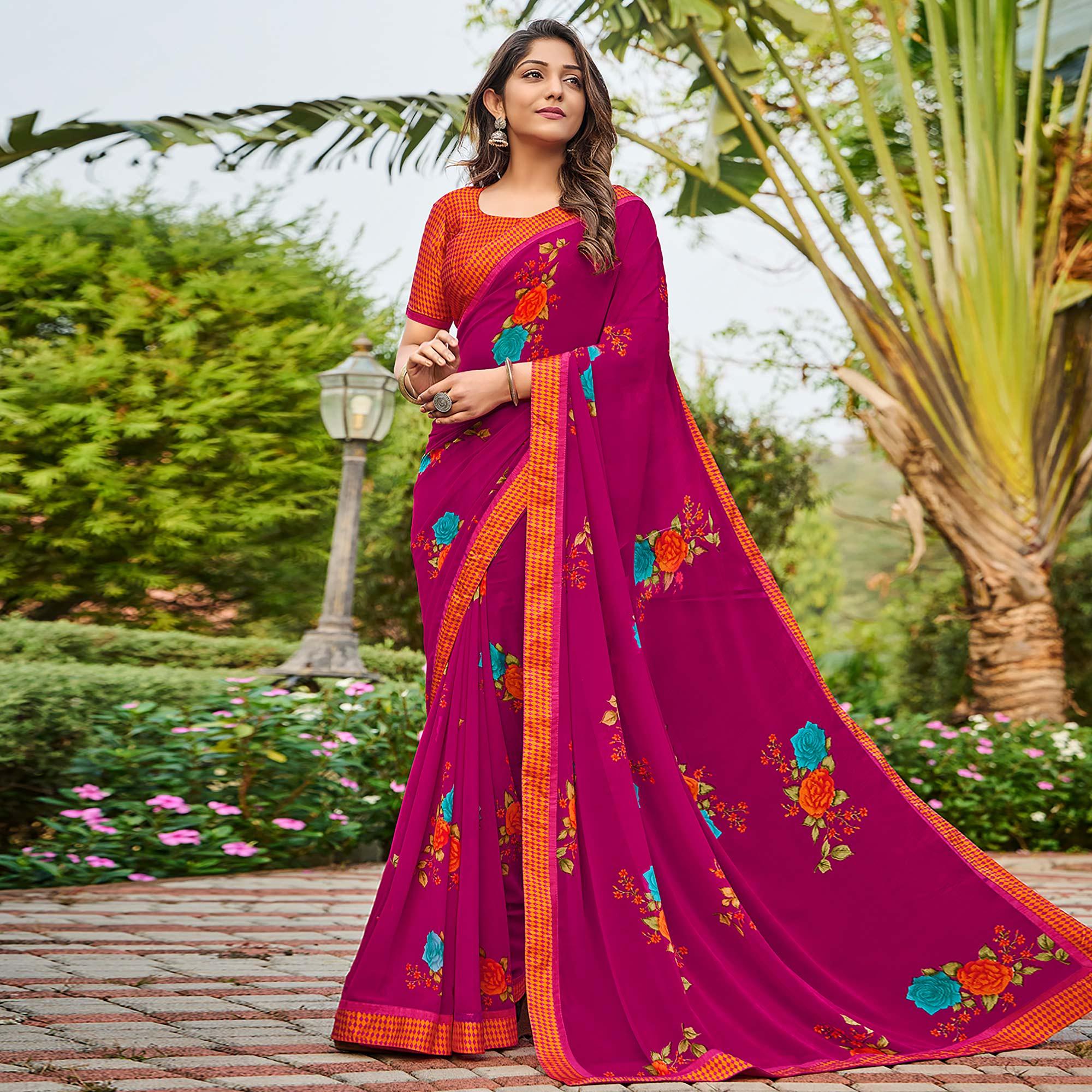 Dark Pink Casual Floral Printed Georgette Saree - Peachmode
