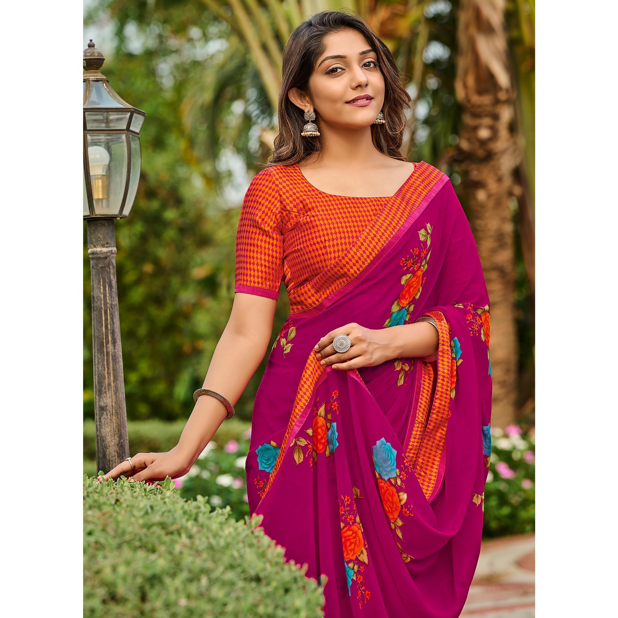 Dark Pink Casual Floral Printed Georgette Saree - Peachmode