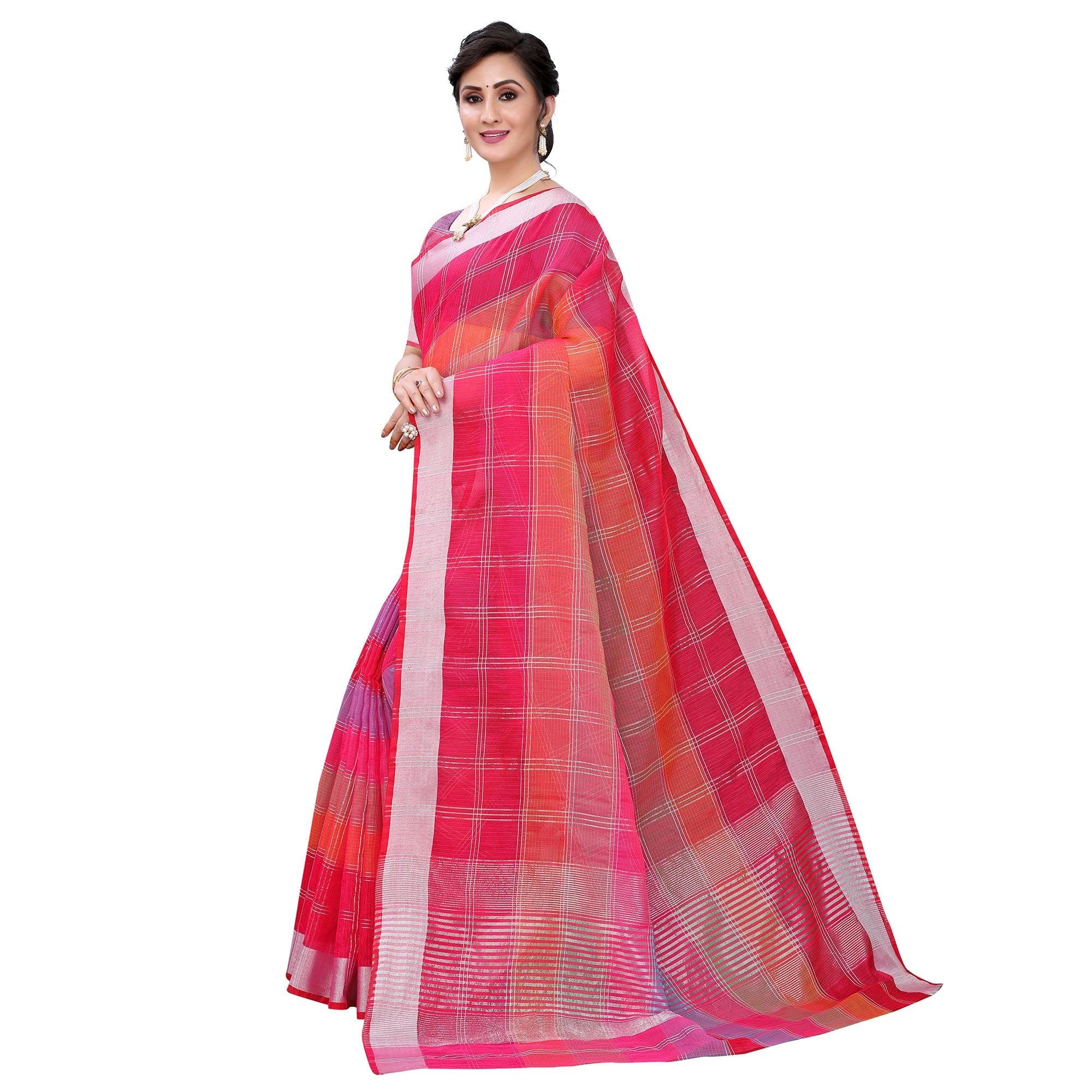 Dark Pink Casual Wear Checks Printed Silk Saree With Border - Peachmode