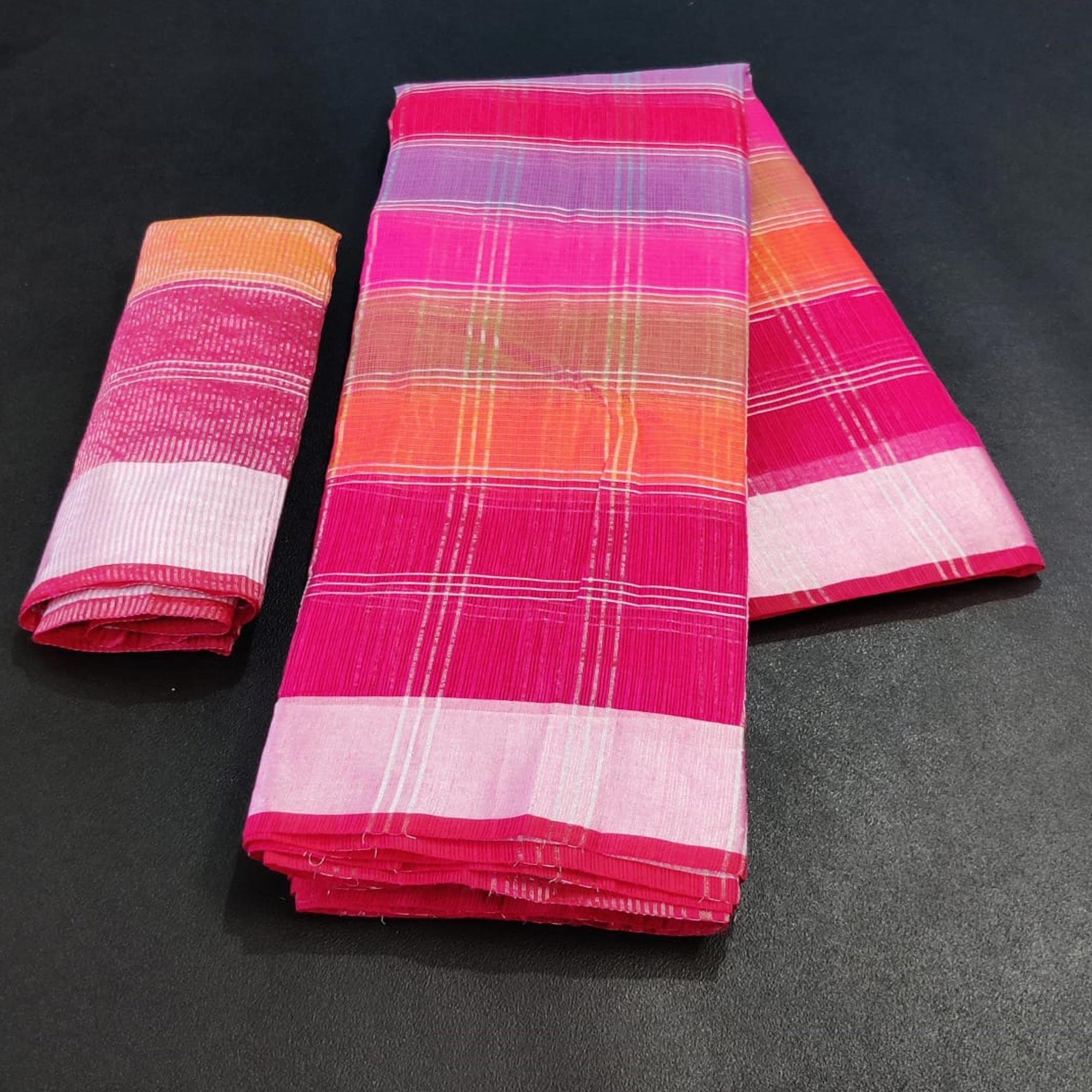 Dark Pink Casual Wear Checks Printed Silk Saree With Border - Peachmode