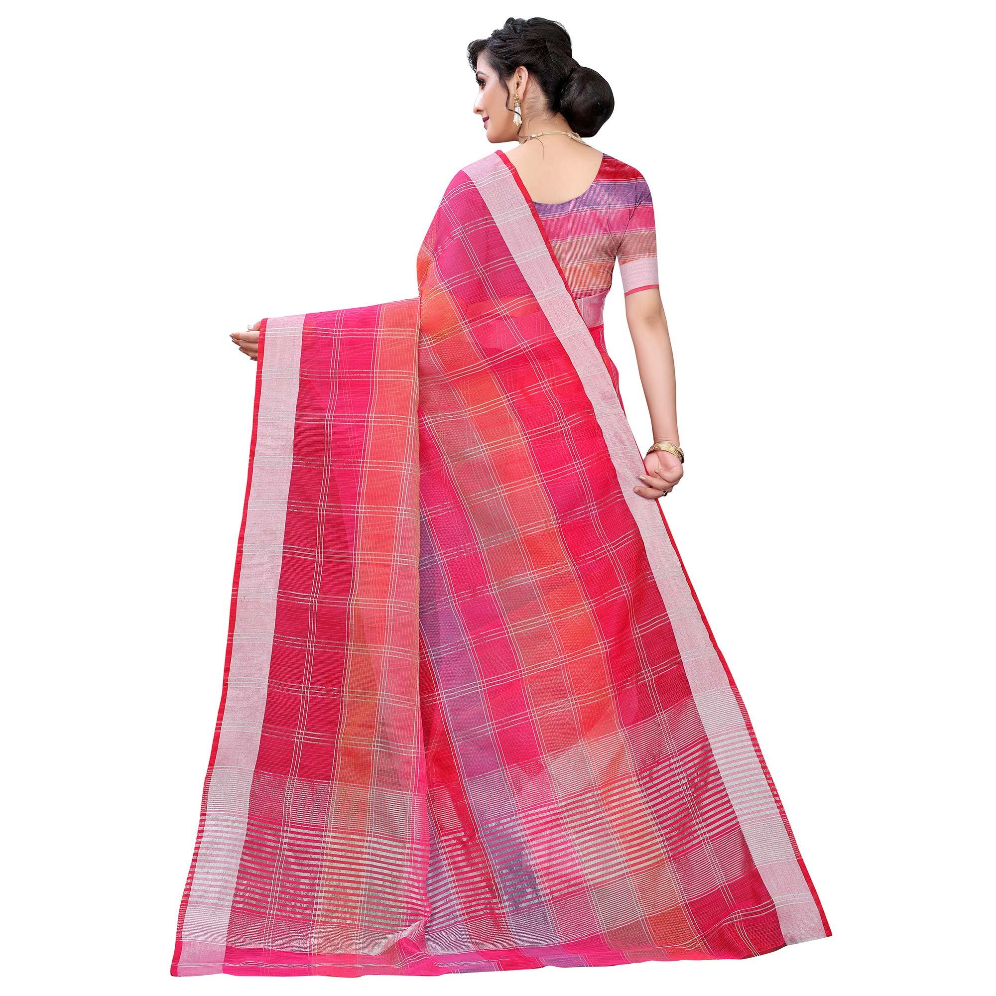 Dark Pink Casual Wear Checks Printed Silk Saree With Border - Peachmode