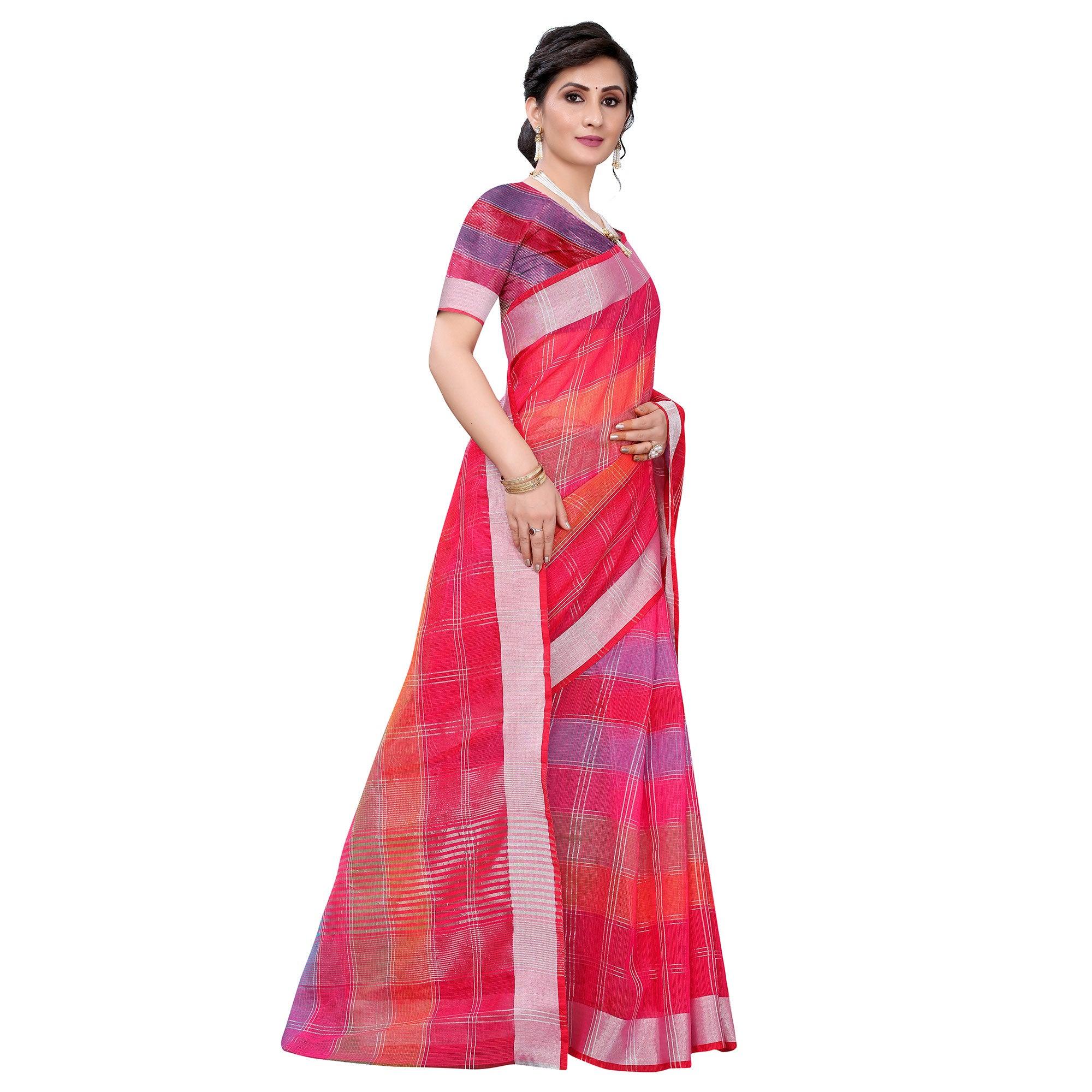 Dark Pink Casual Wear Checks Printed Silk Saree With Border - Peachmode